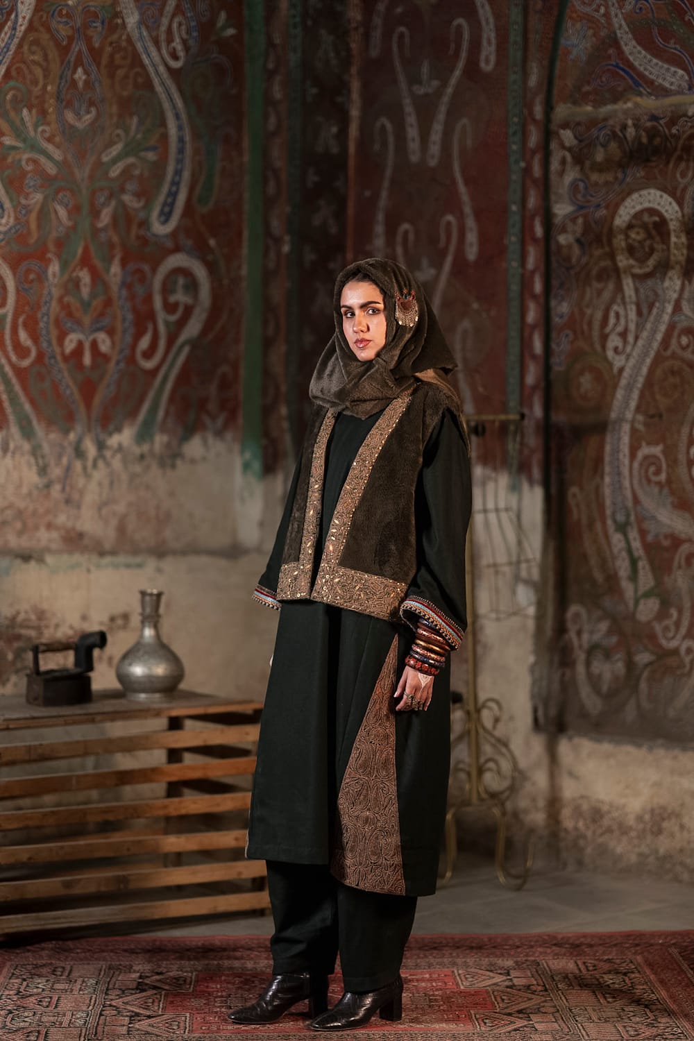 Furry Green Godets : Green Tilla and Hand Embroidered Waistcoat