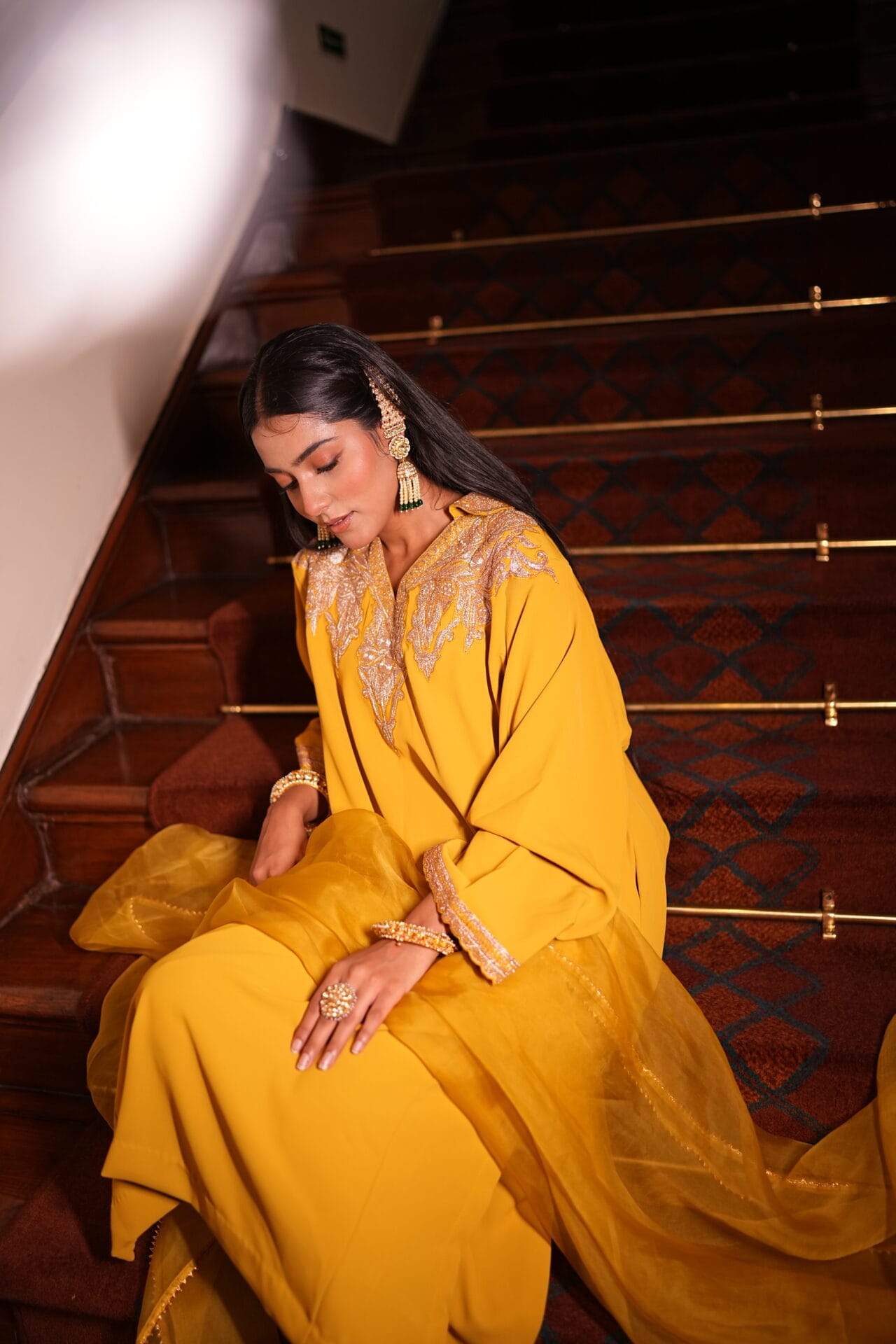 Mustard Tilla Embroidered Pheran Salwar Organza Dupatta