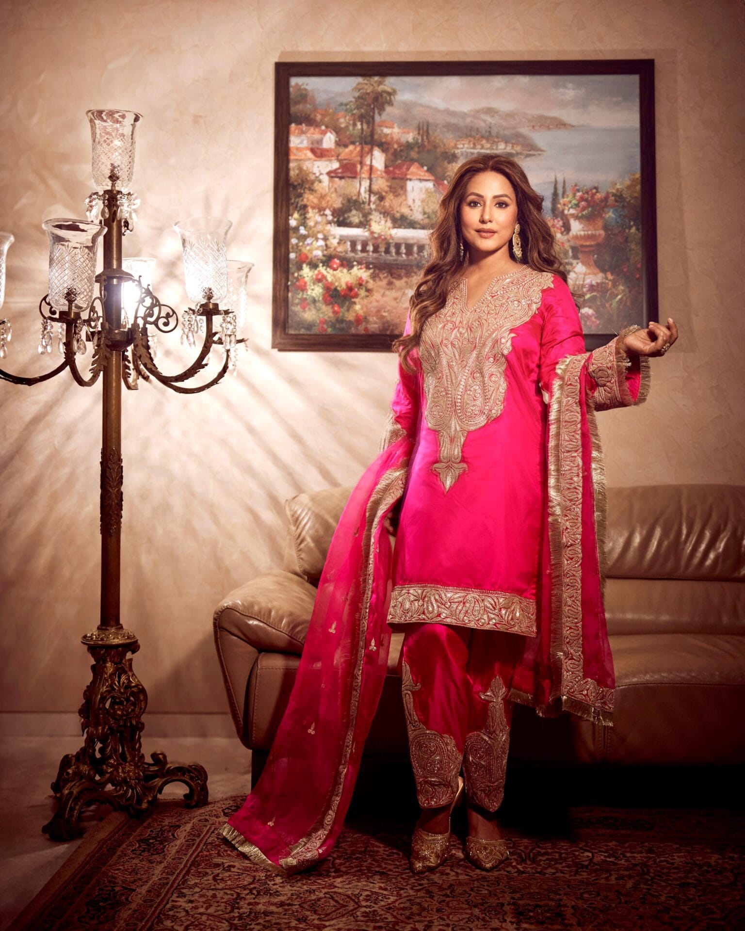 Hot Pink Tilla Embroidered Kurta Salwar Organza Dupatta