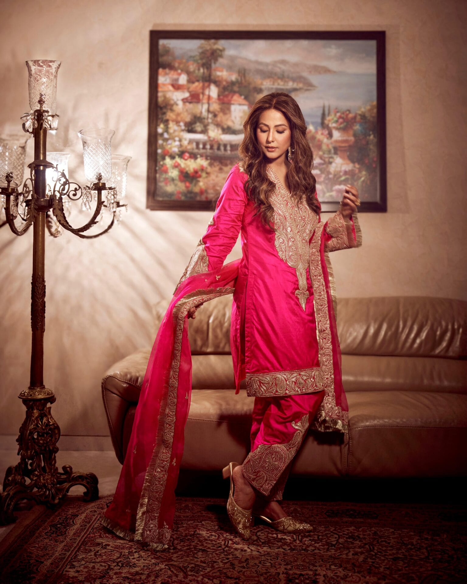Hot Pink Tilla Embroidered Kurta Salwar Organza Dupatta