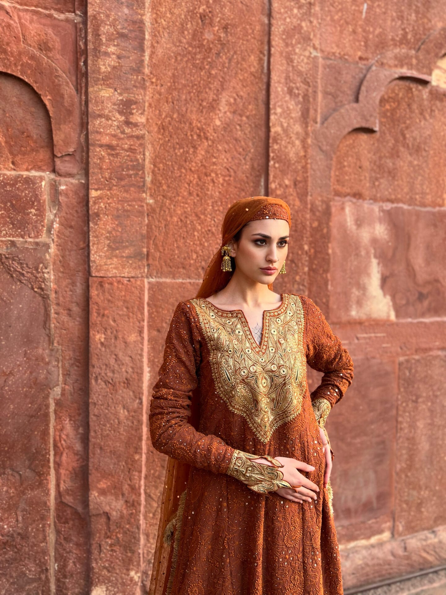Rust Tilla Embroidered Kurta Palazzo Net Mukaish Dupatta