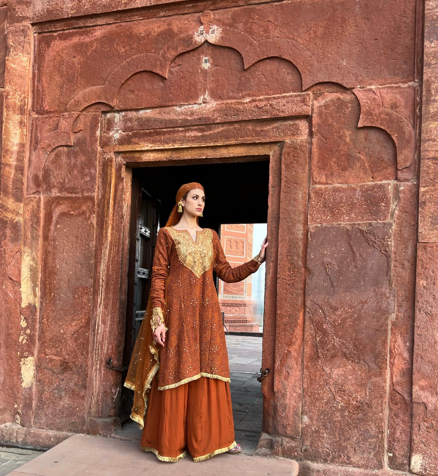 Rust Tilla Embroidered Kurta Palazzo Net Mukaish Dupatta