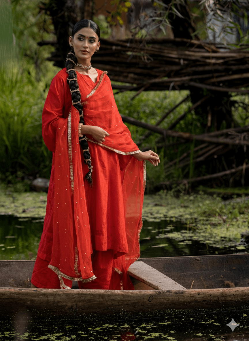 Red Pheran Salwar Organza Mukaish Dupatta