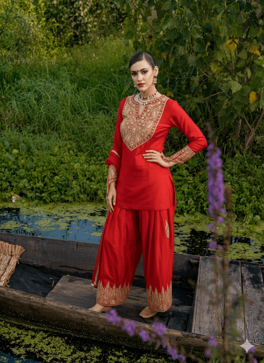 Red Tilla Embroidered Kameez Farshi Salwar Organza Dupatta
