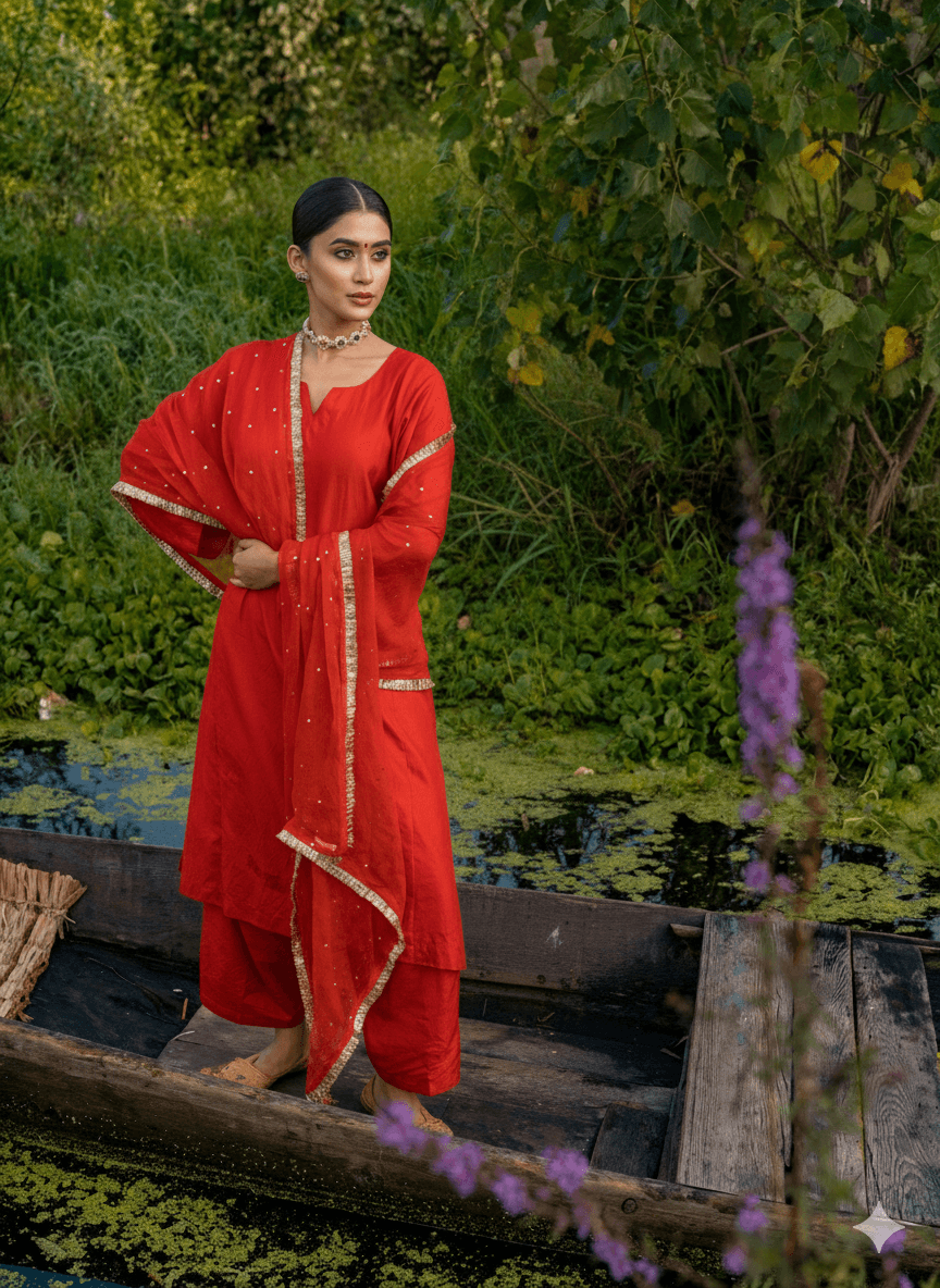 Red Pheran Salwar Organza Mukaish Dupatta