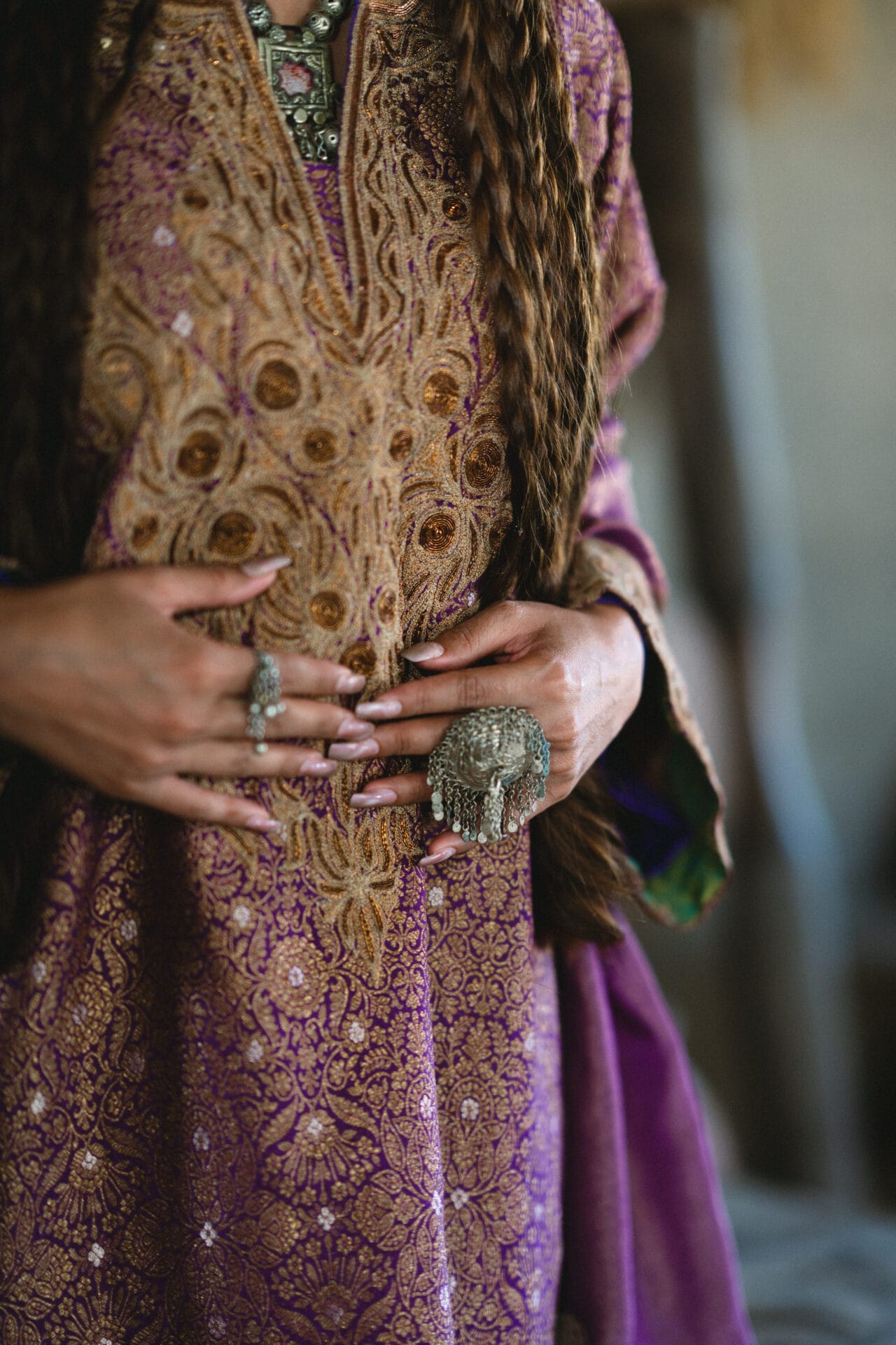 Purple Zarbaft Tilla and Dabka Embroidered Round Pheran Salwar