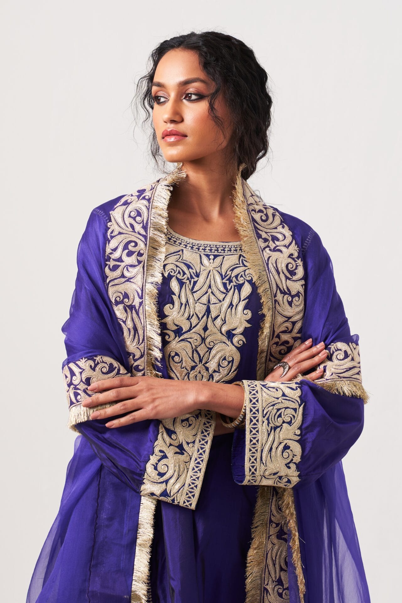 Persian Blue Tilla Embroidered Pheran Salwar Organza Dupatta