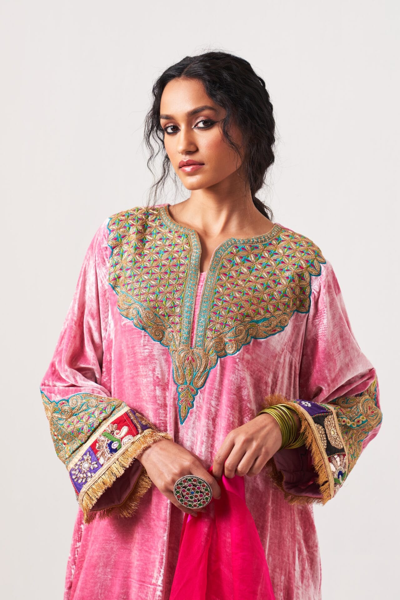 Pink Tilla Embroidered Pheran Salwar Organza Dupatta