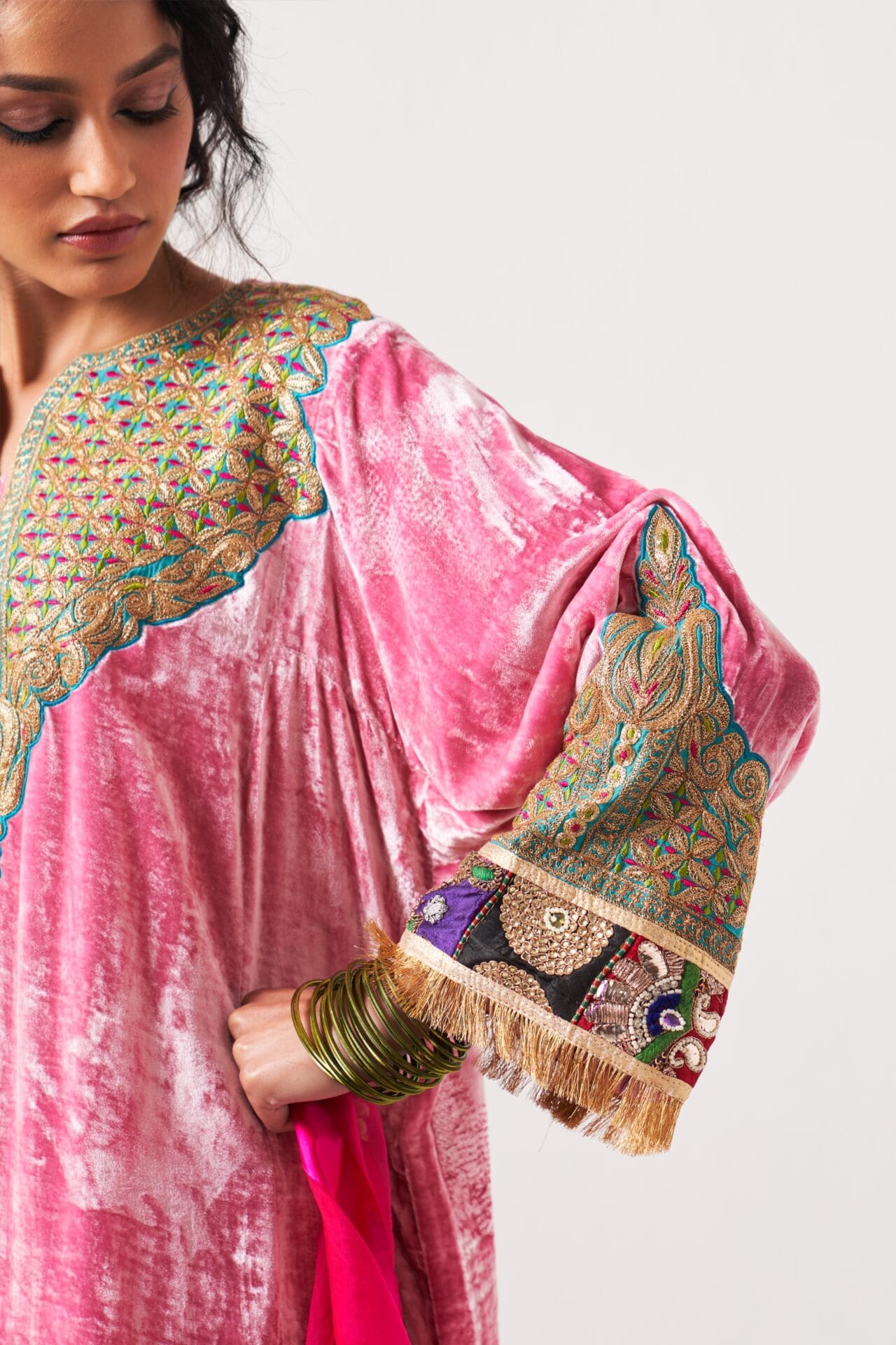 Pink Tilla Embroidered Pheran Salwar Organza Dupatta