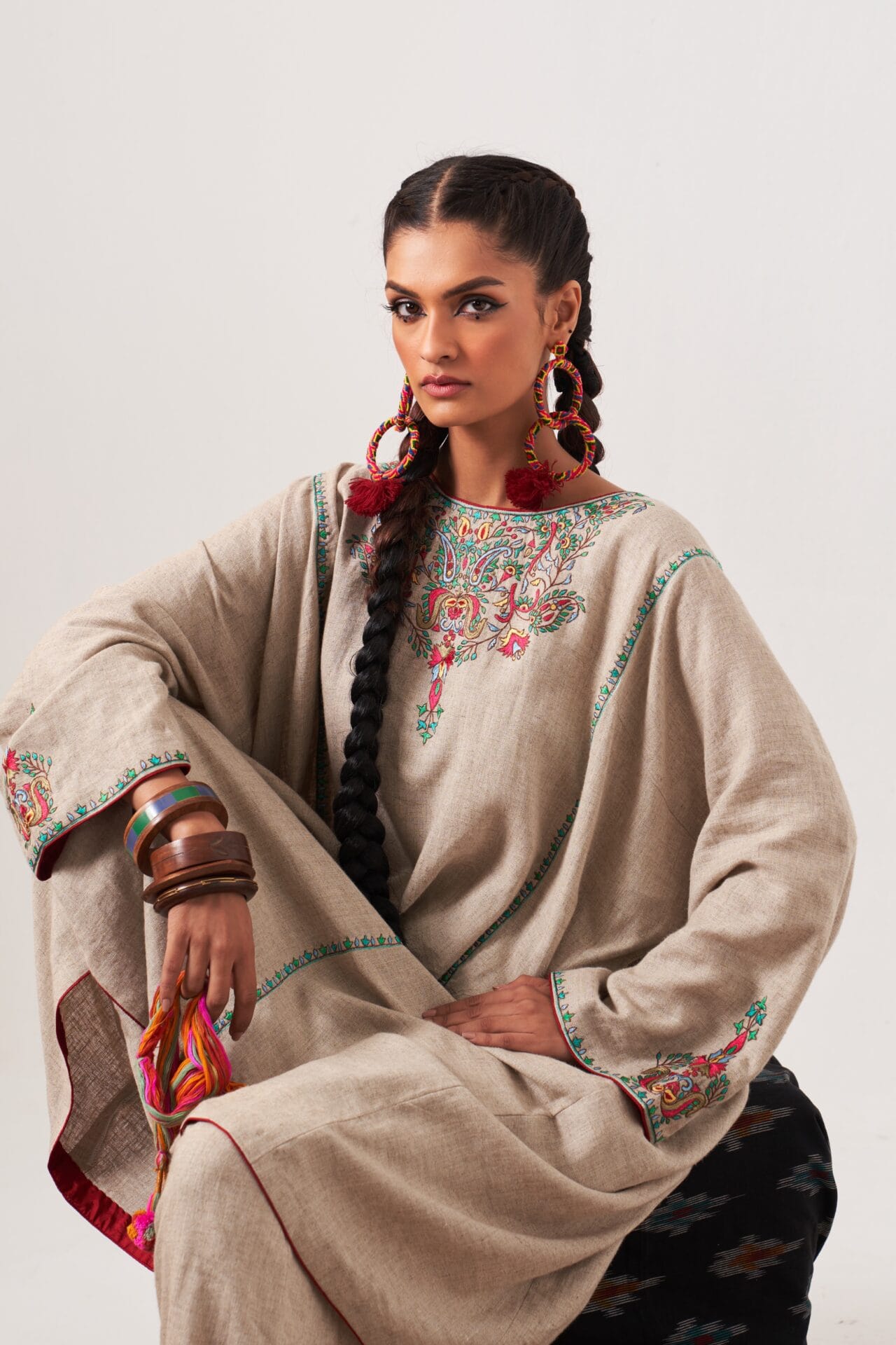 Beige Thread Embroidered Pheran Salwar