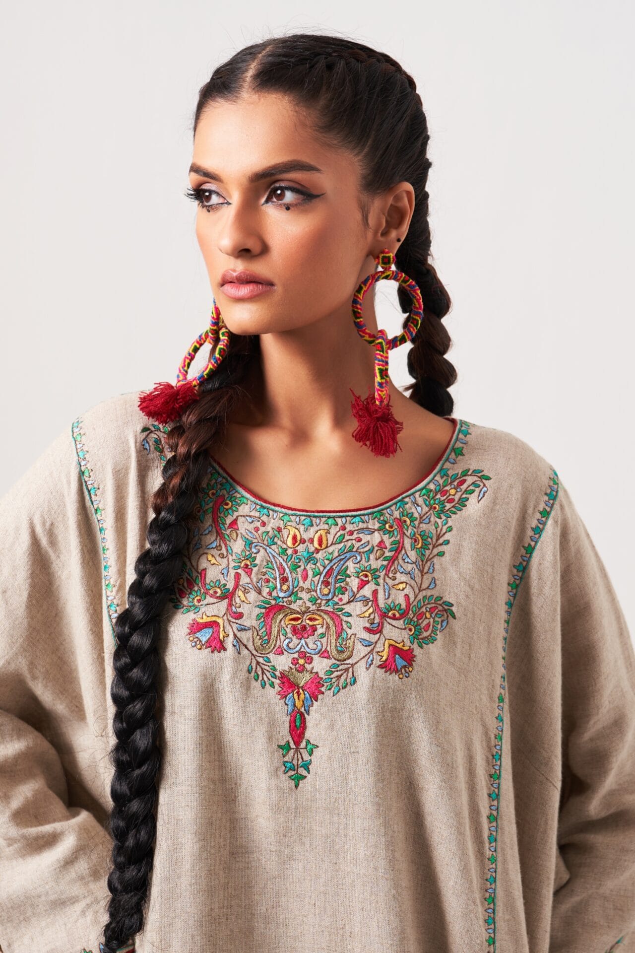 Beige Thread Embroidered Pheran Salwar