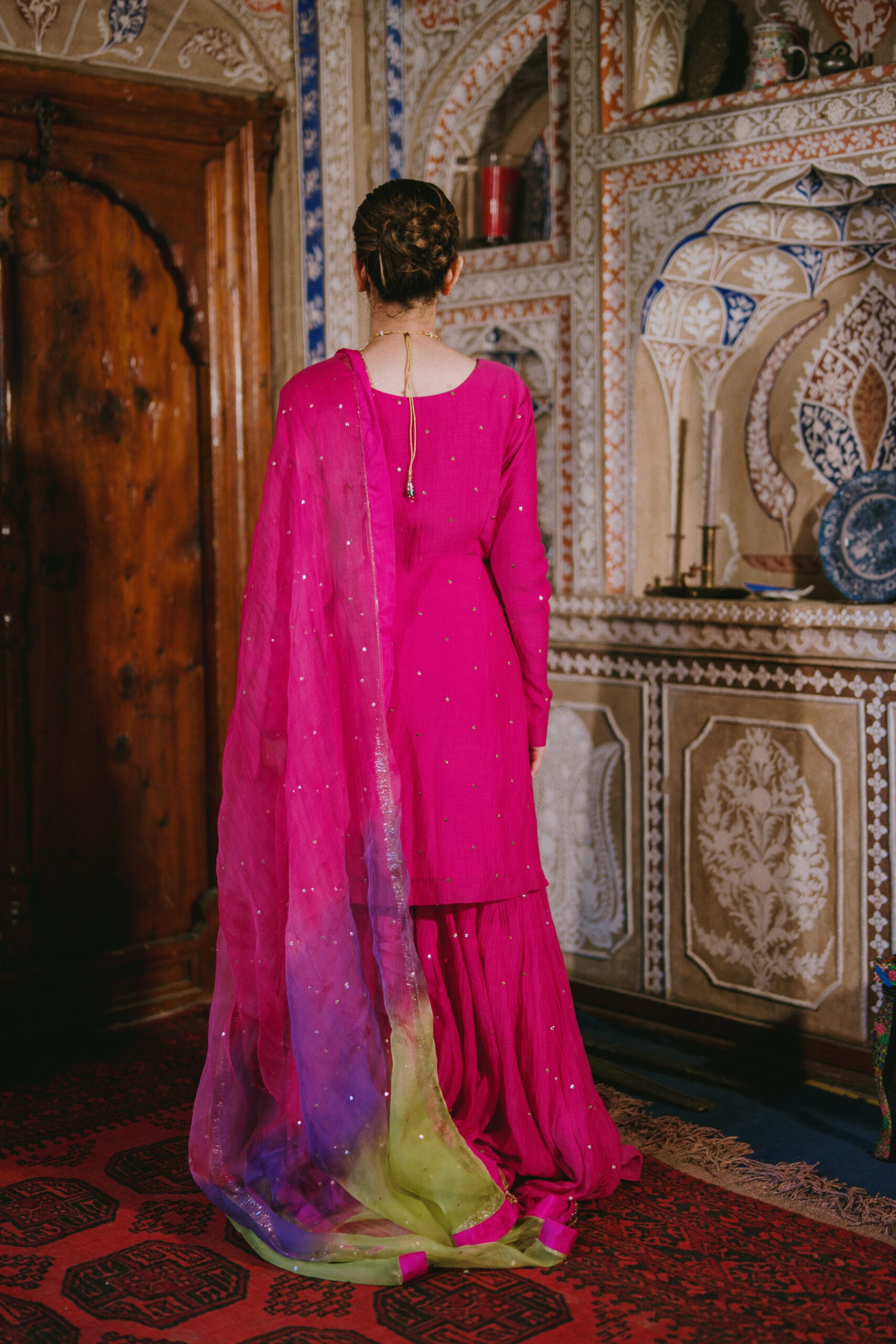 Rani Pink Chandheri Mukaish High Slit Kameez Gharara Organza Kamdani Dupatta