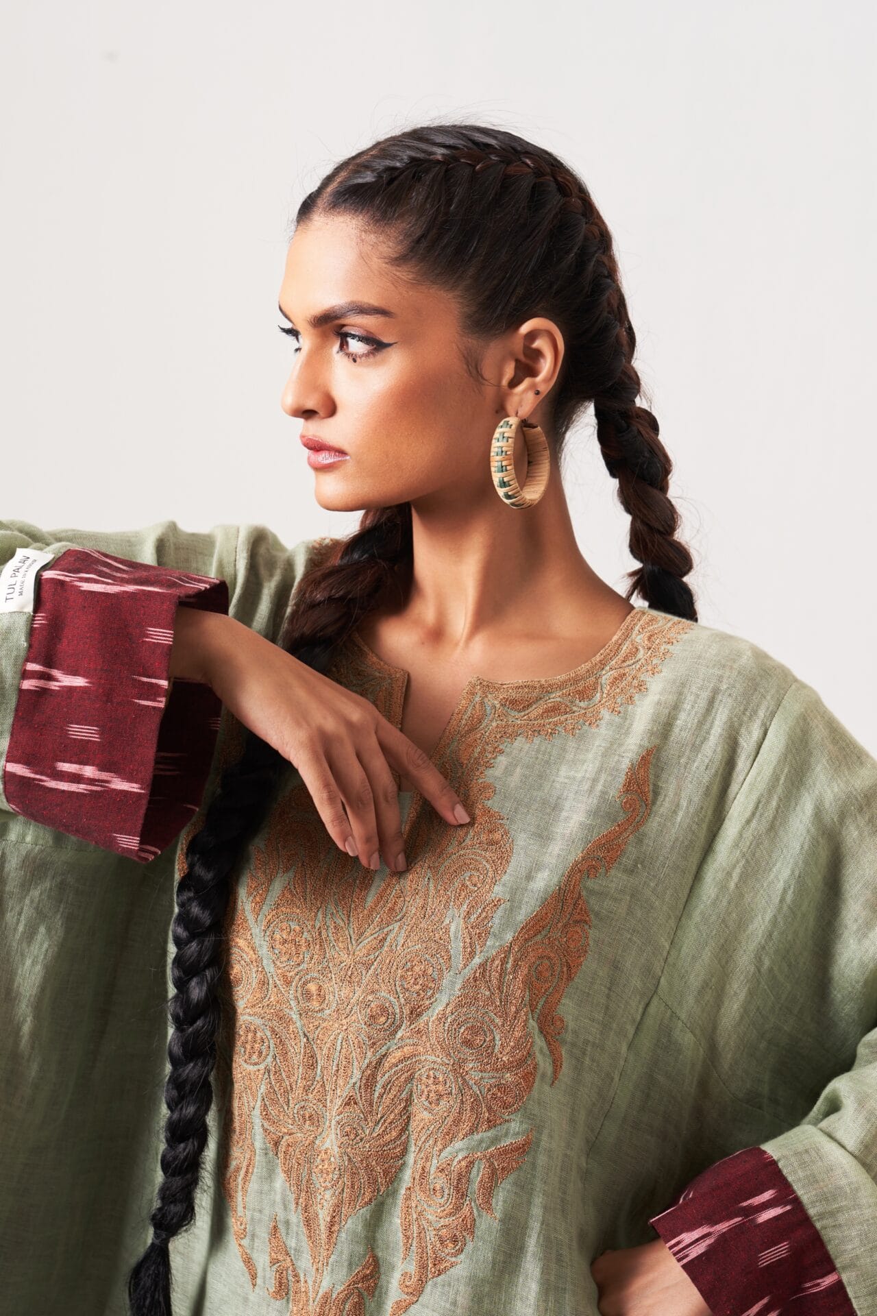 Sage Green and Maroon Tilla Embroidered Pheran Salwar