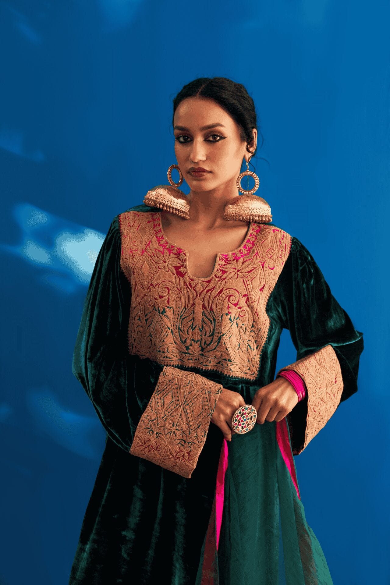 Bottle Green Tilla Embroidered kalidar Pheran Salwar Organza Dupatta