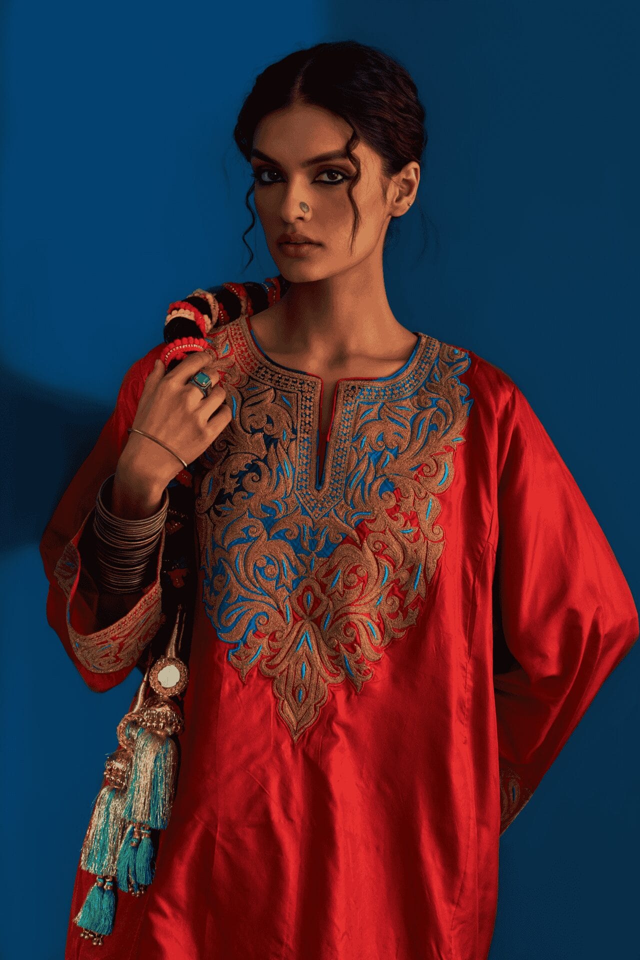 Rust Tilla  Embroidered Pheran Salwar Organza Dupatta
