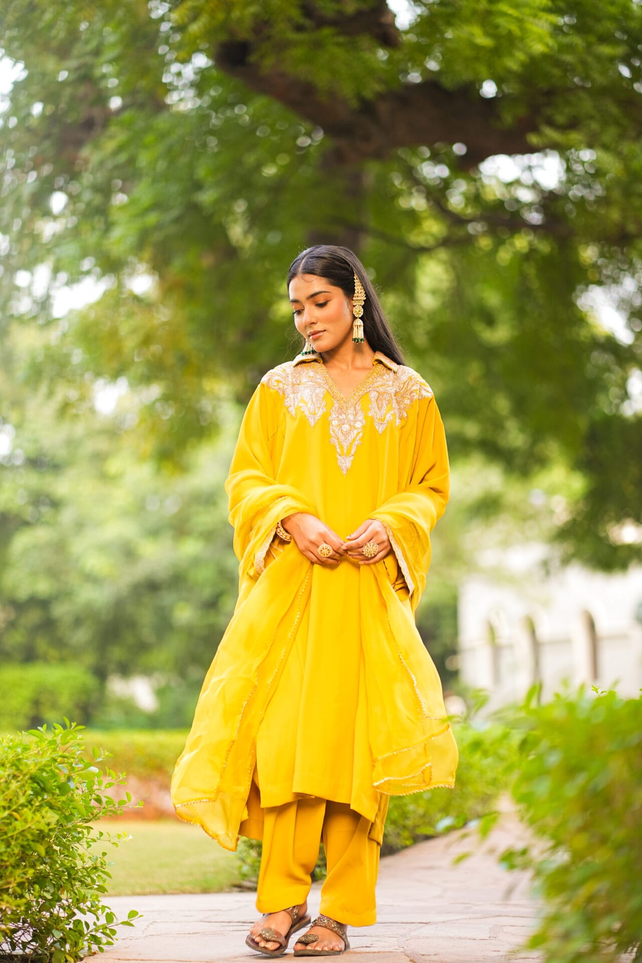 Mustard Tilla Embroidered Pheran Salwar Organza Dupatta