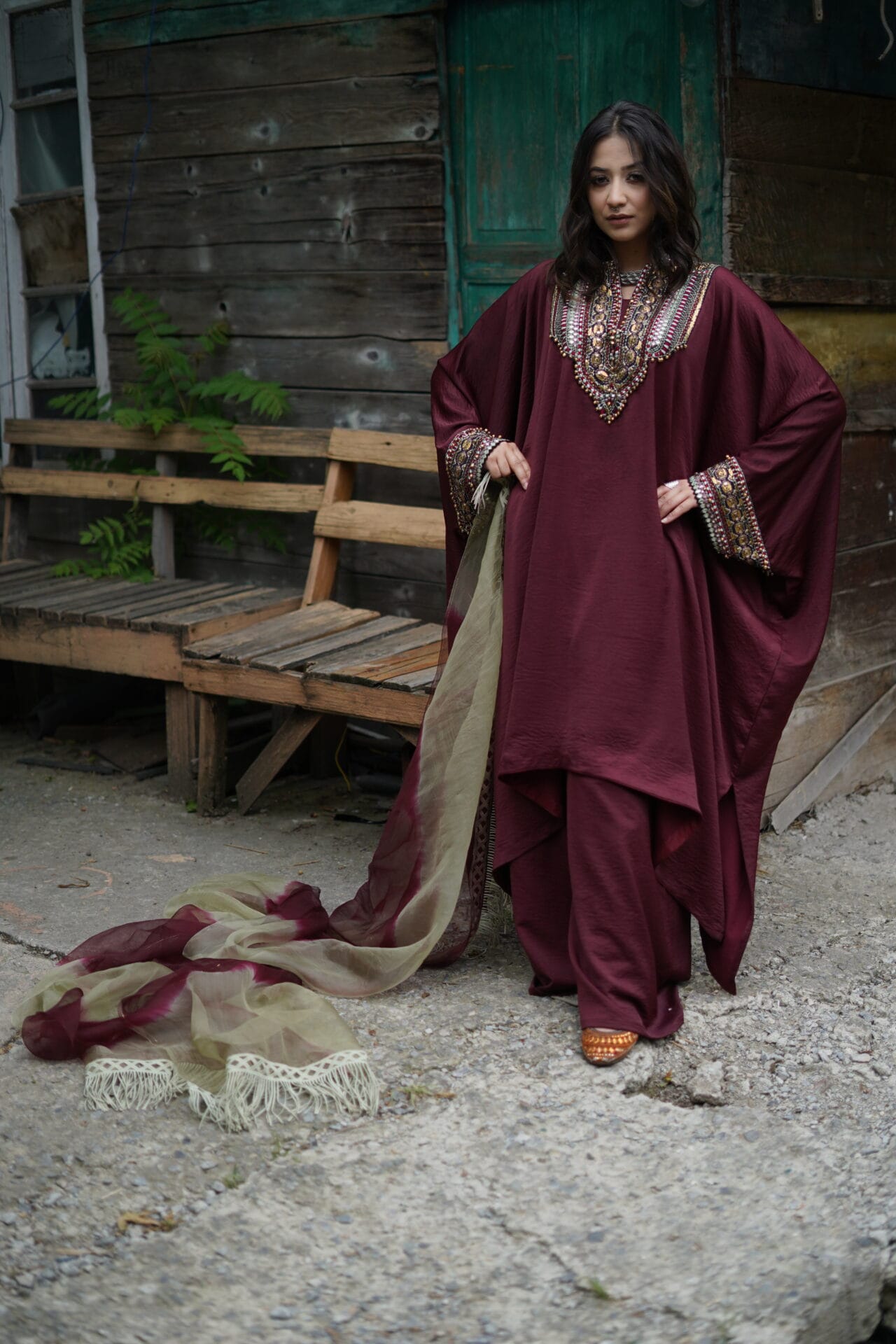 Maroon Hand Embroidered Kaftaan Palazzo Organza Dupatta