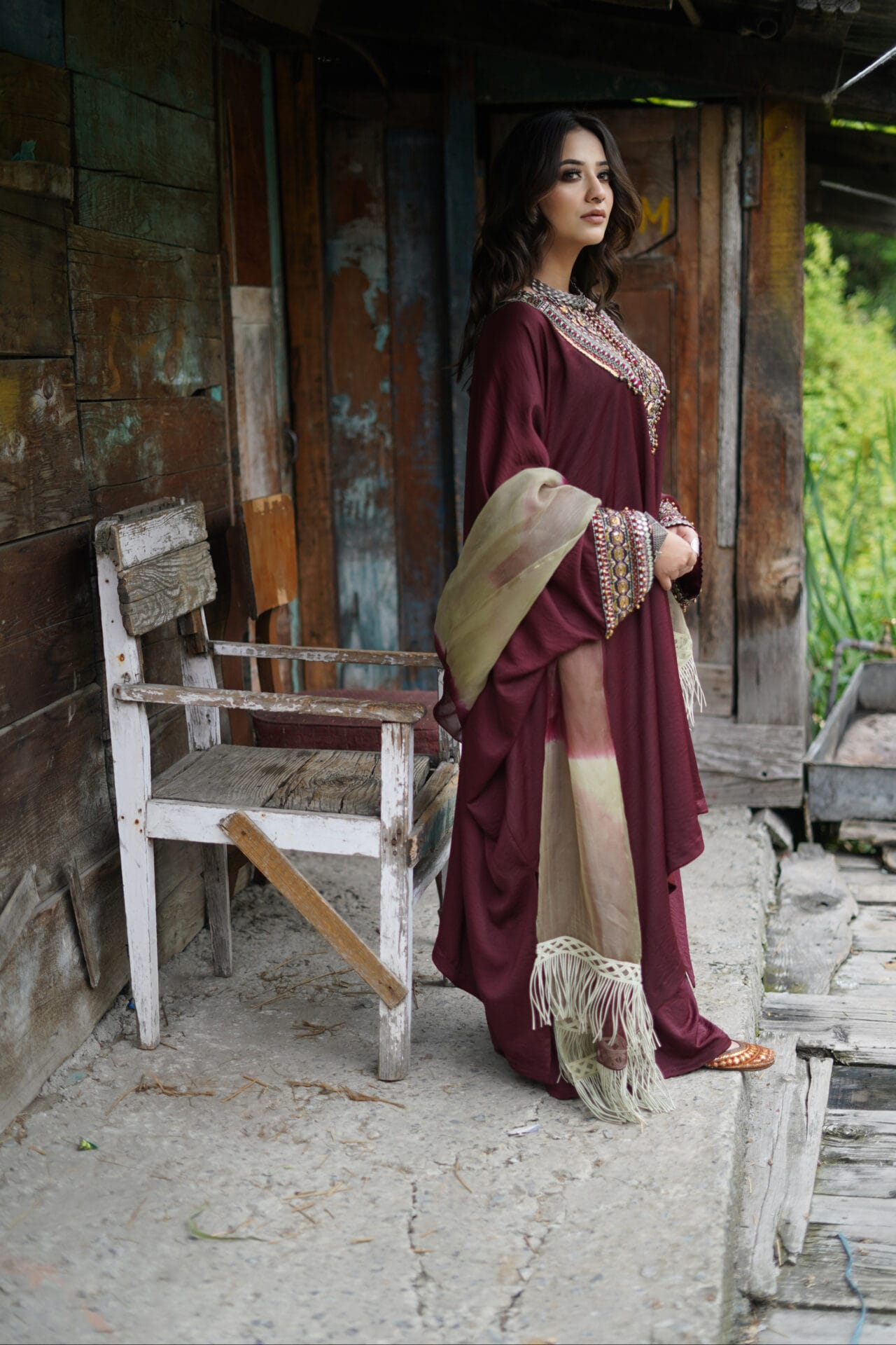 Maroon Hand Embroidered Kaftaan Palazzo Organza Dupatta