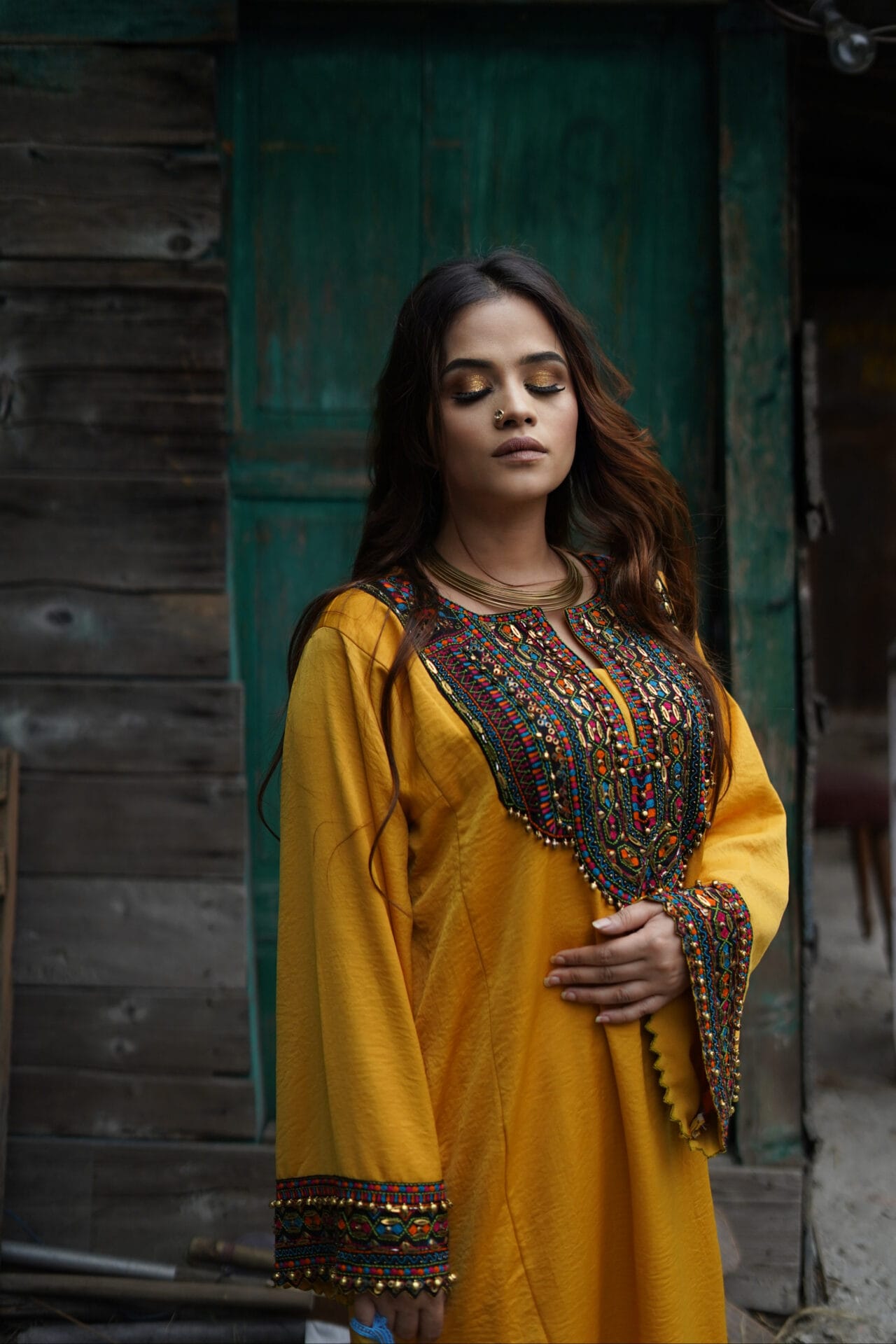 Mustard Hand Embroidered Kaftaan Salwar Organza Dupatta