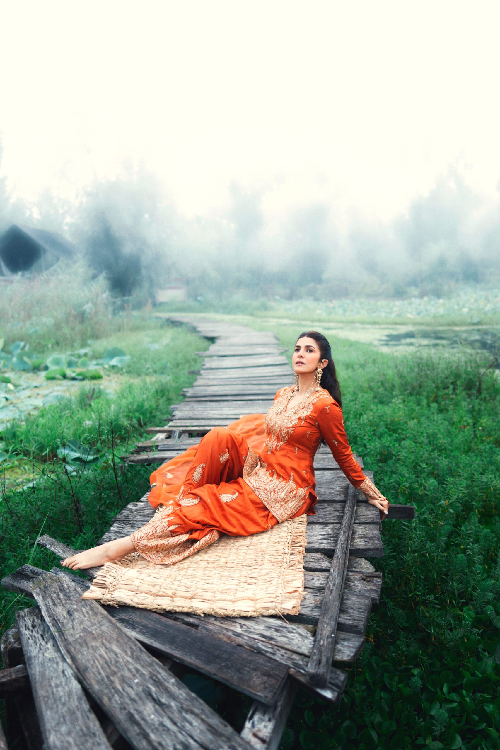 Rust Tilla Embroidered Kameez Farshi Salwar Organza Dupatta