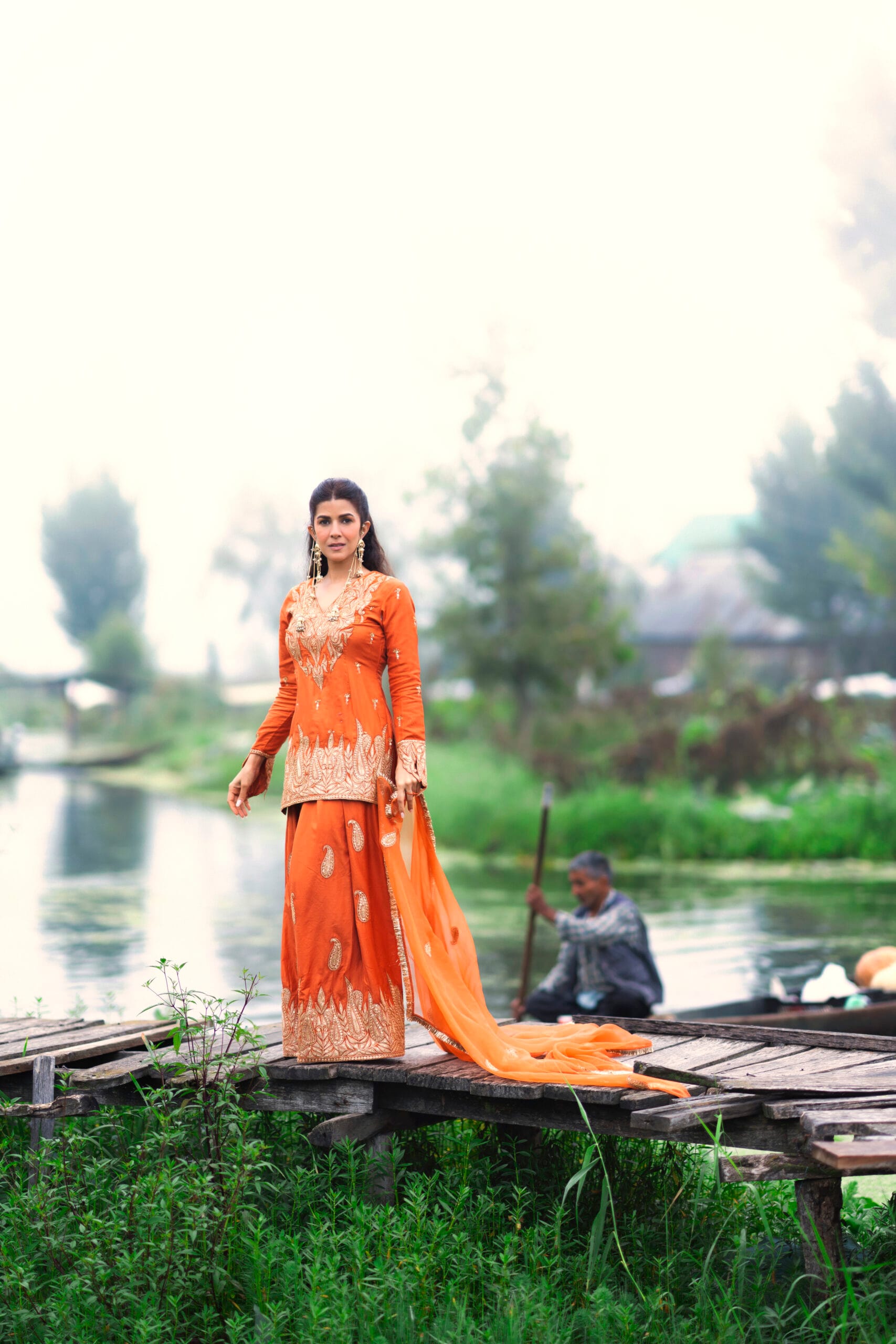 Rust Tilla Embroidered Kameez Farshi Salwar Organza Dupatta