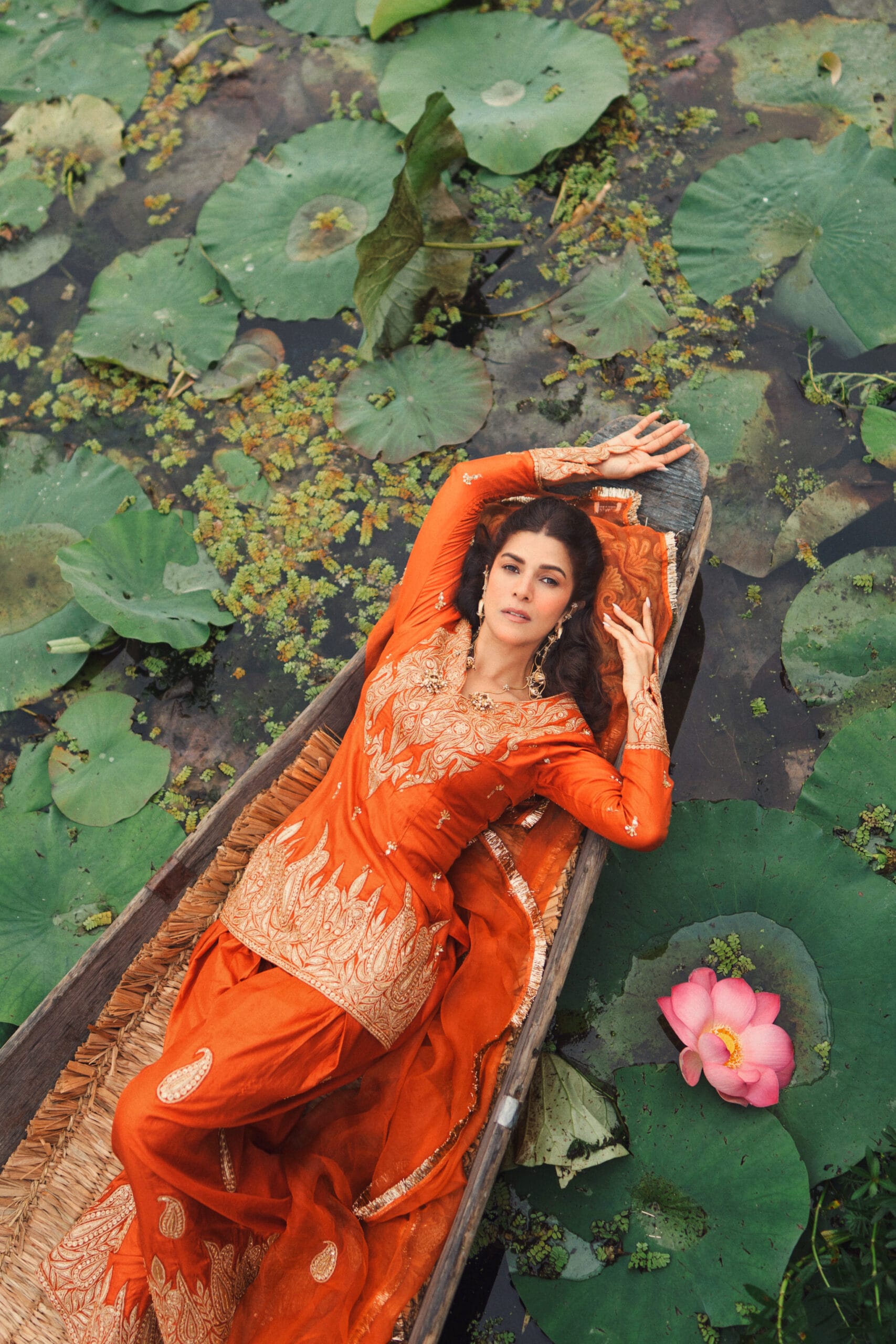 Rust Tilla Embroidered Kameez Farshi Salwar Organza Dupatta