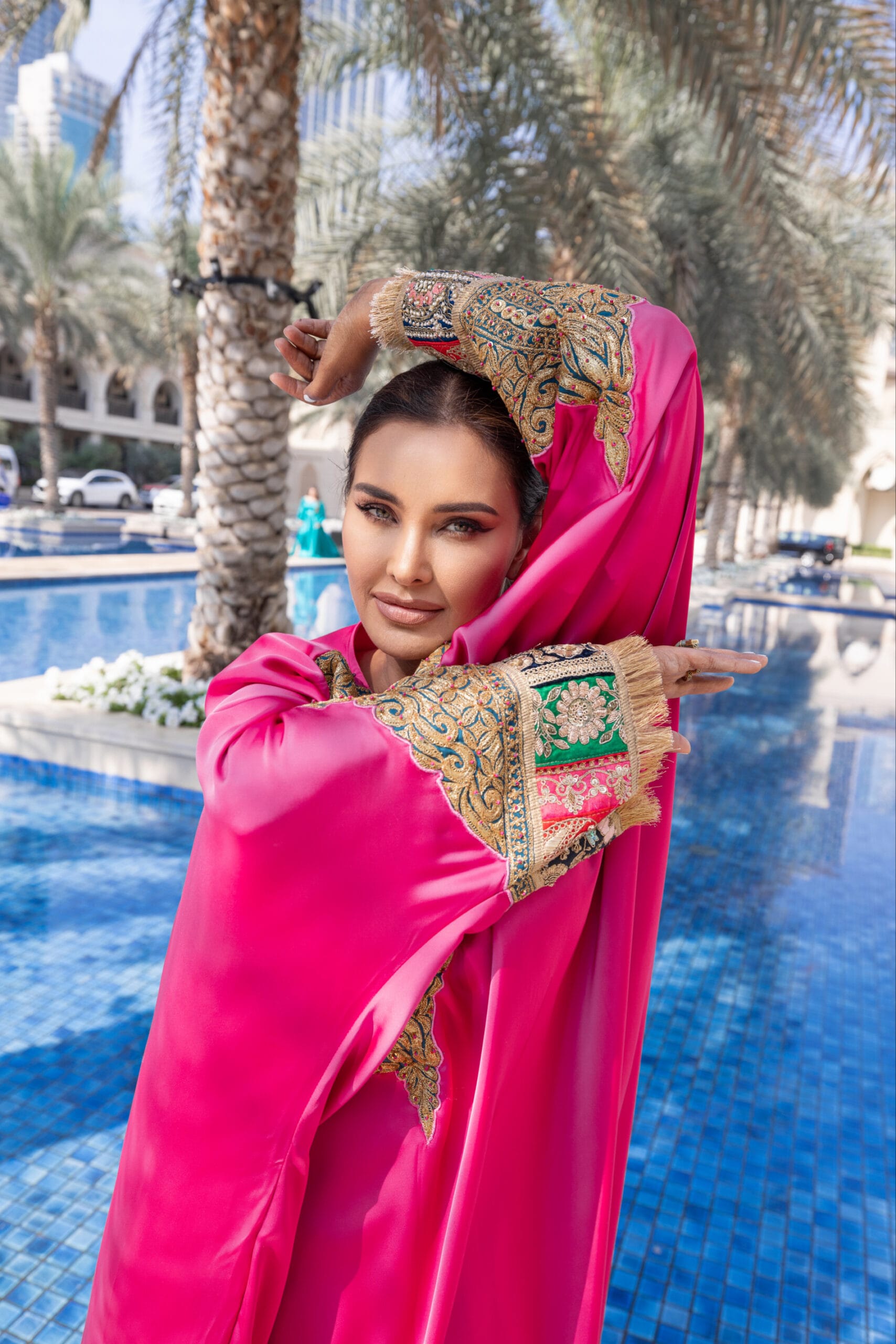 Hot Pink Tilla  Embroidered Kaftaan Pallazo Organza Dupatta