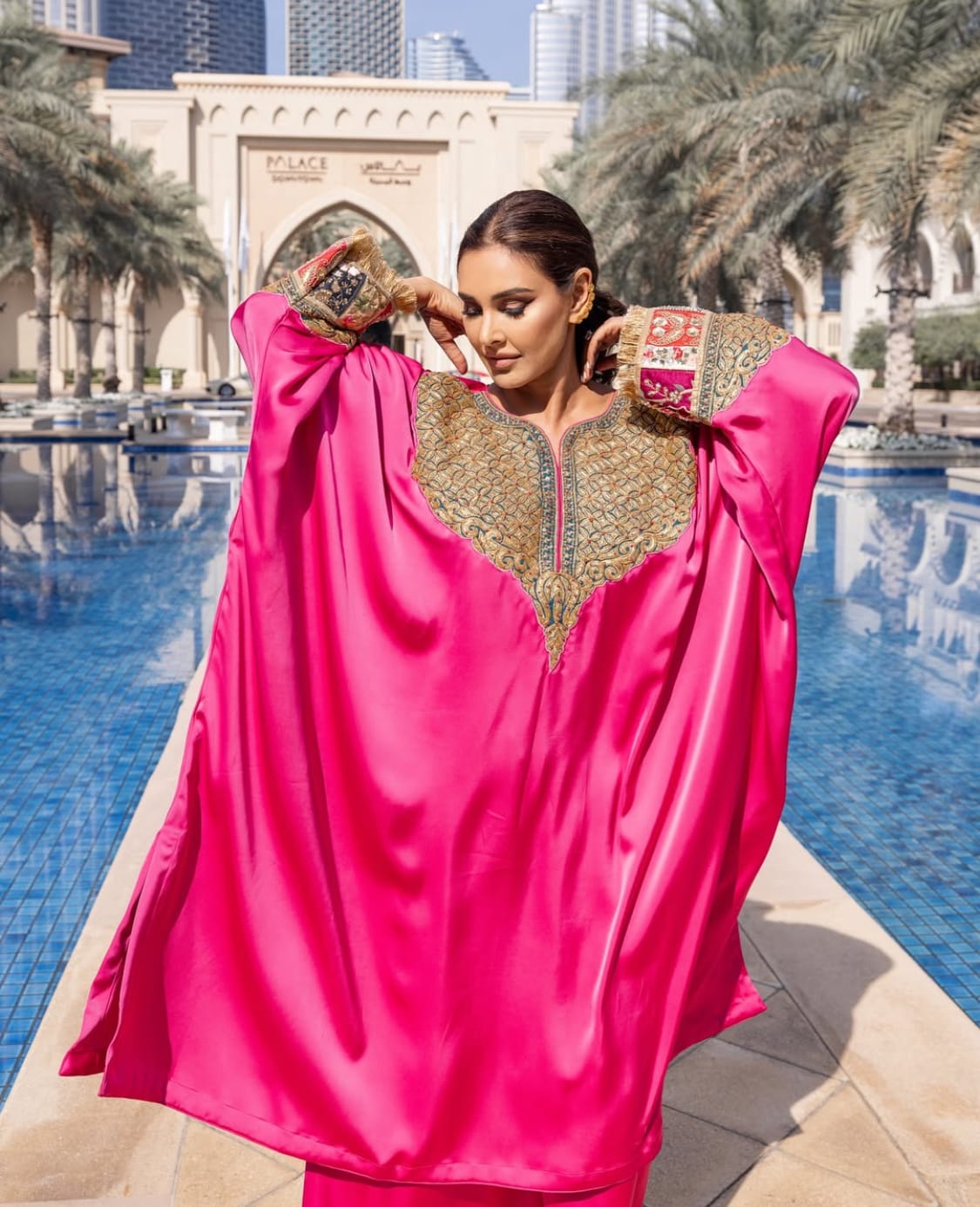 Hot Pink Tilla  Embroidered Kaftaan Pallazo Organza Dupatta