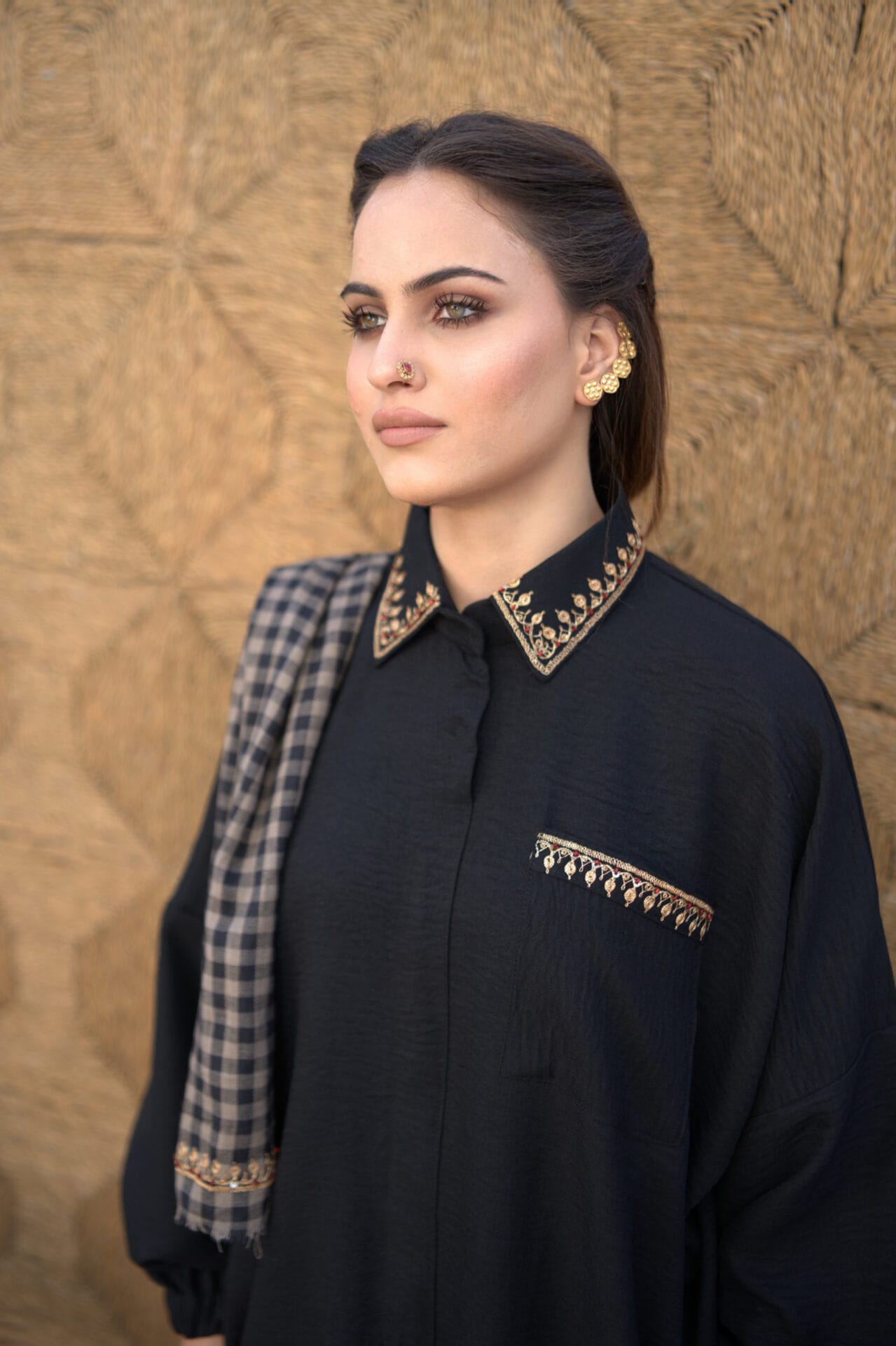 Black Tilla Embroidered Kurta Salwar Check Stole