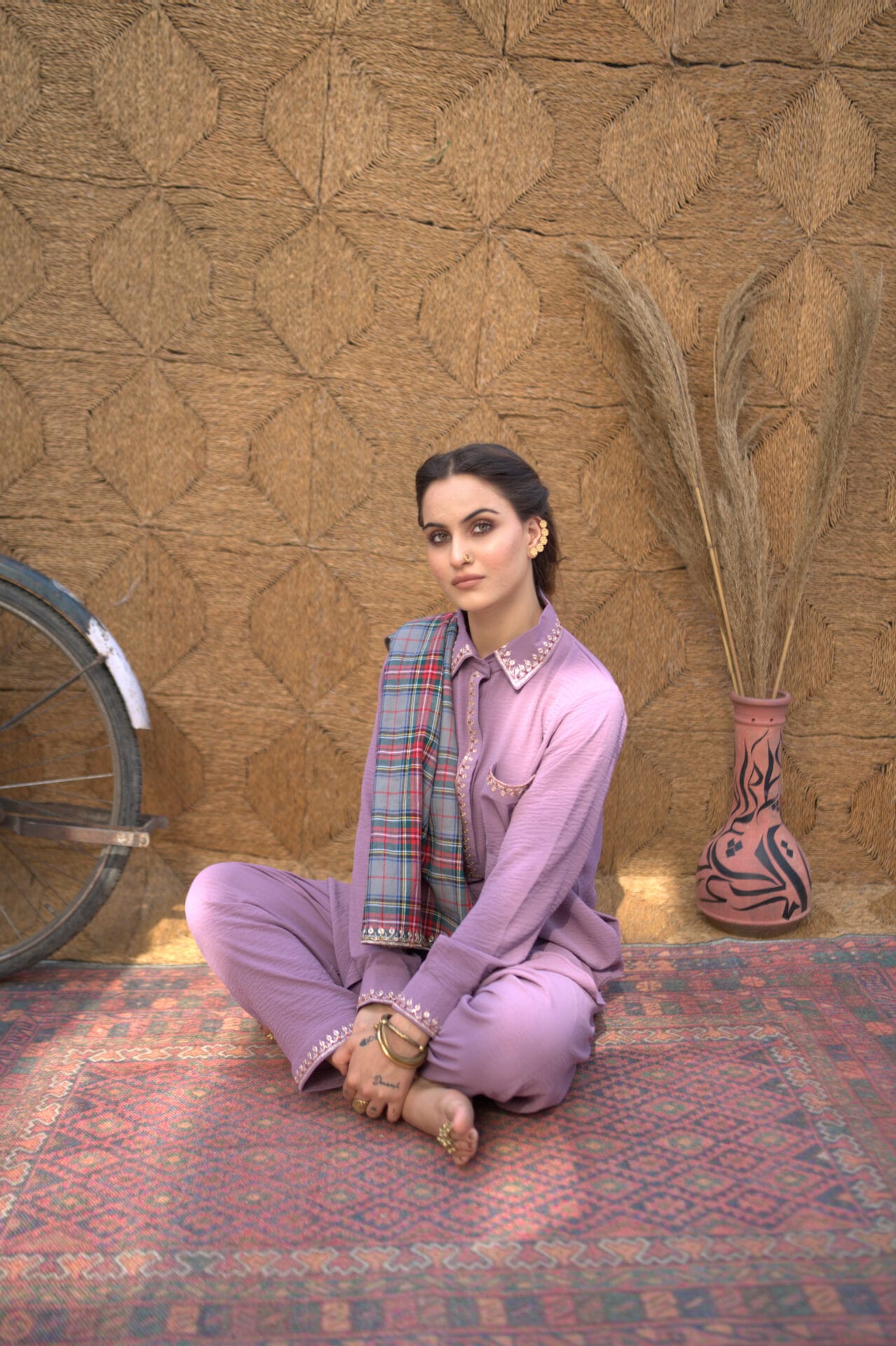 Lilac Tilla Embroidered Kurta Salwar Check Stole