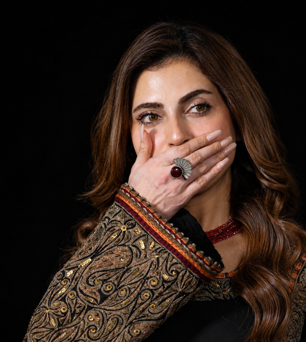 Farhana Bhat in Black Tilla and Hand Embroidered Longline Kurta Salwar Stole