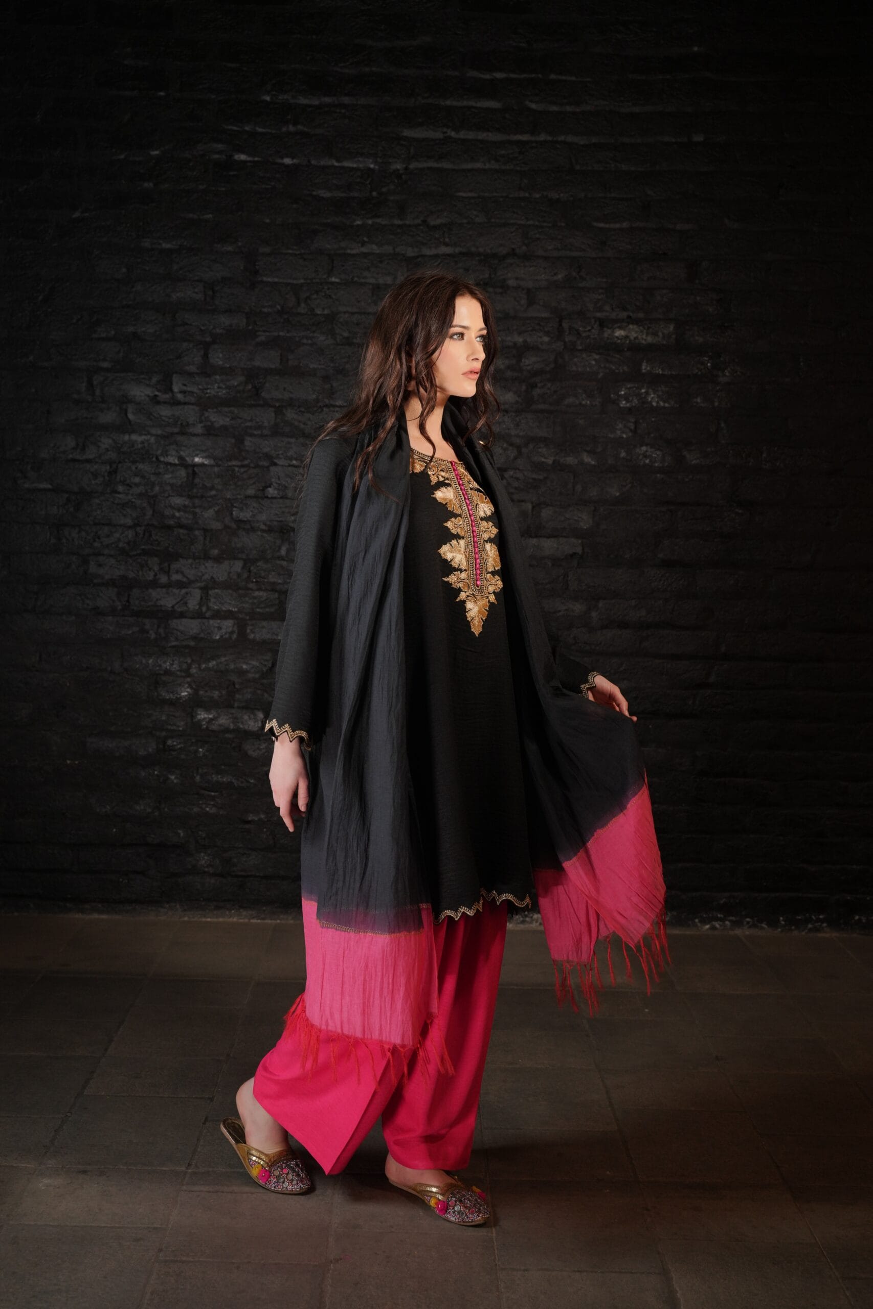 Black and Hotpink Tilla Embroidered Kurta Farshi Salwar Dupatta