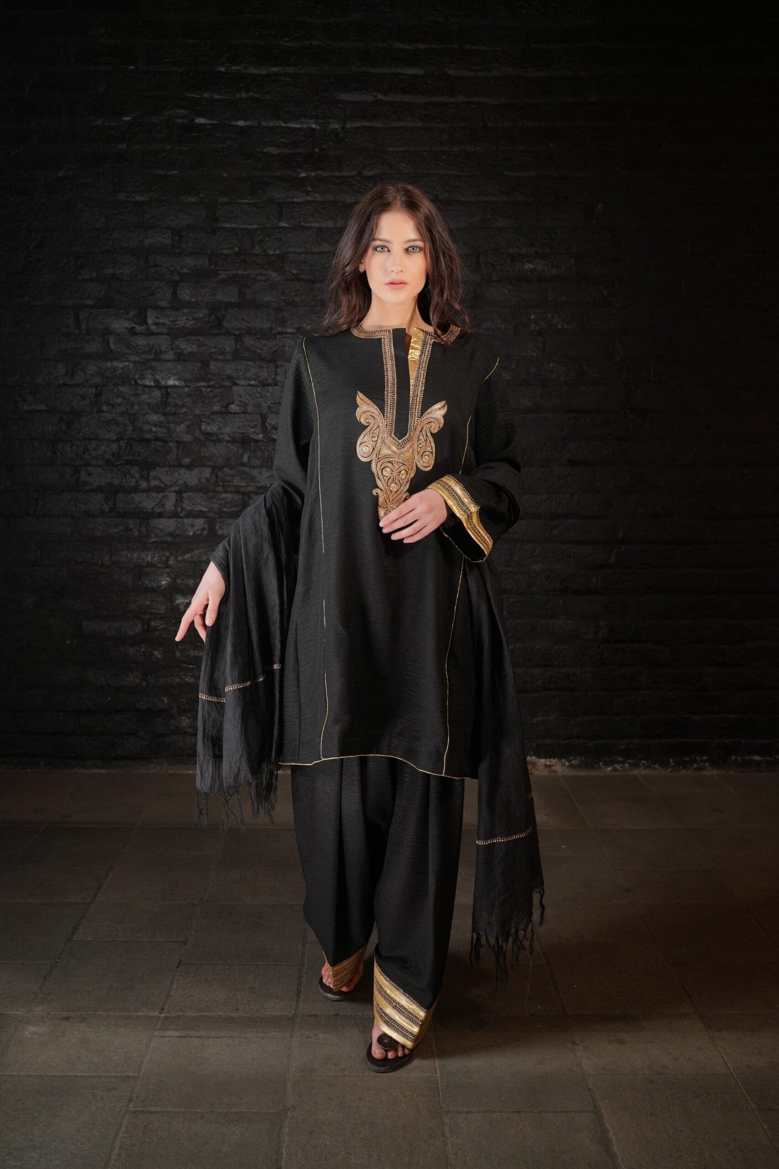 Black  Tilla Embroidered Round Pheran Farshi Salwar Dupatta