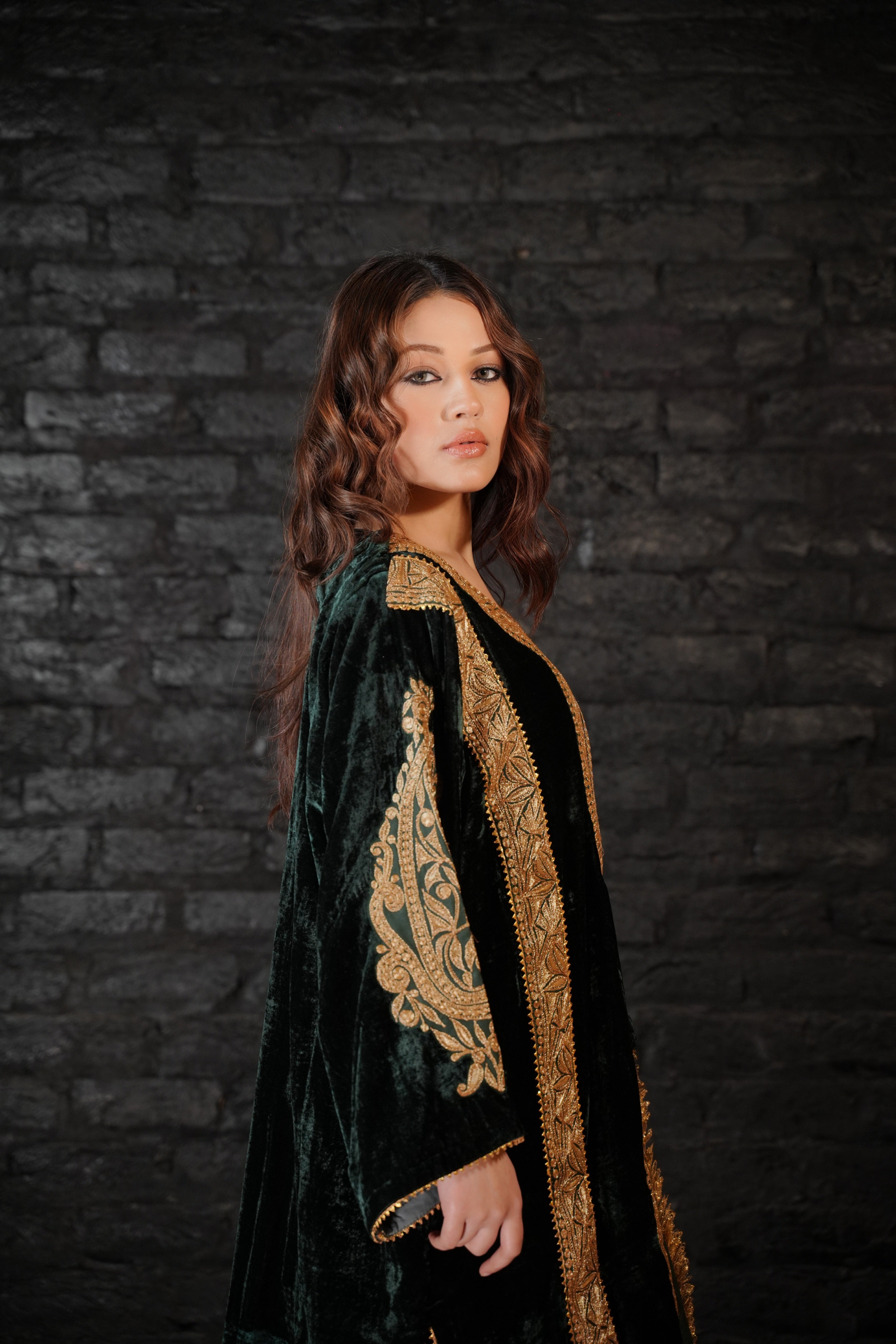 Bottle Green Tilla Embroidered Pheran Salwar Organza Dupatta