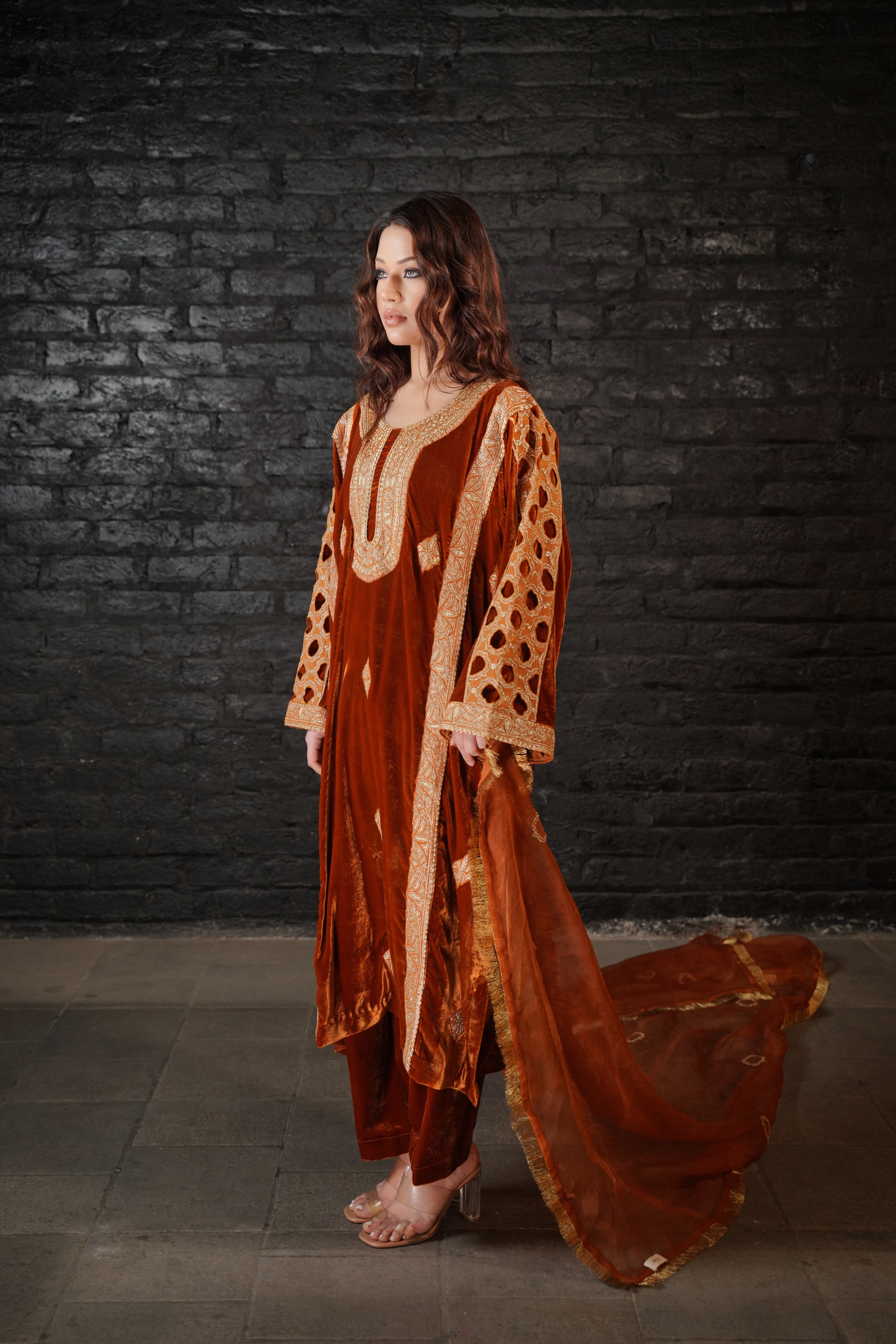 Rust Tilla Embroidered Pheran Salwar with Organza Dupatta