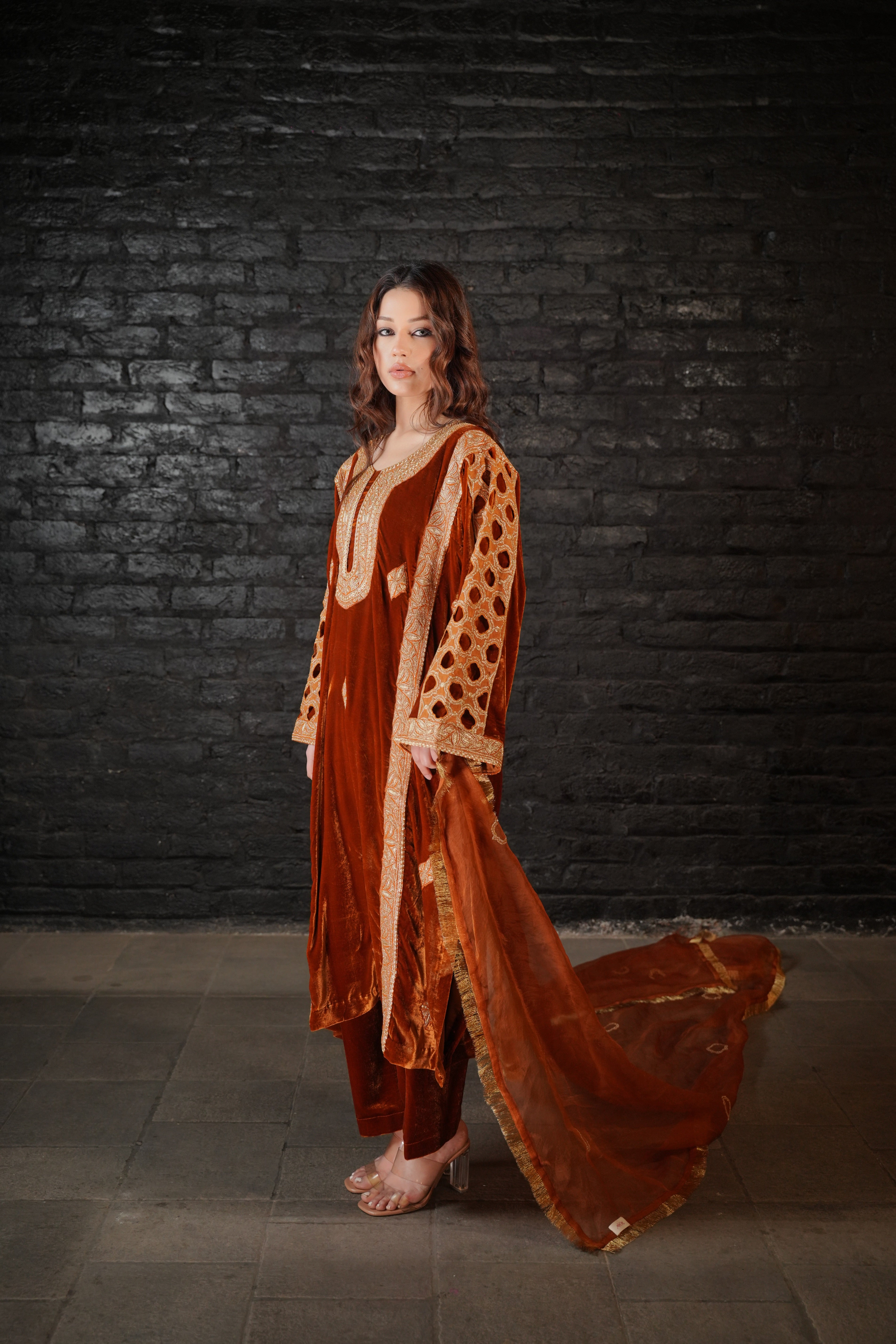 Rust Tilla Embroidered Pheran Salwar with Organza Dupatta