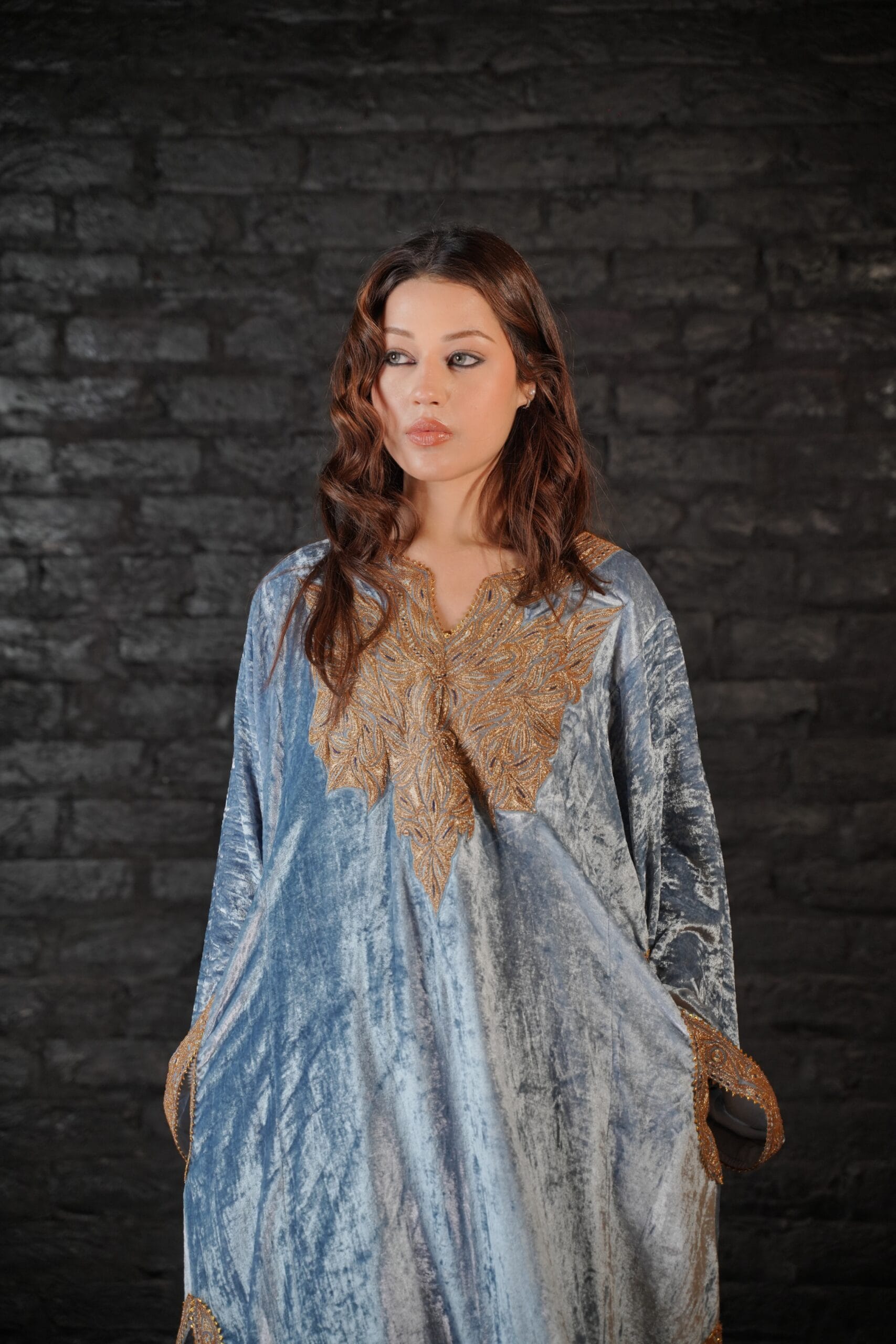 Blue Tilla  and Thread Embroidered  Pheran Pants Dupatta
