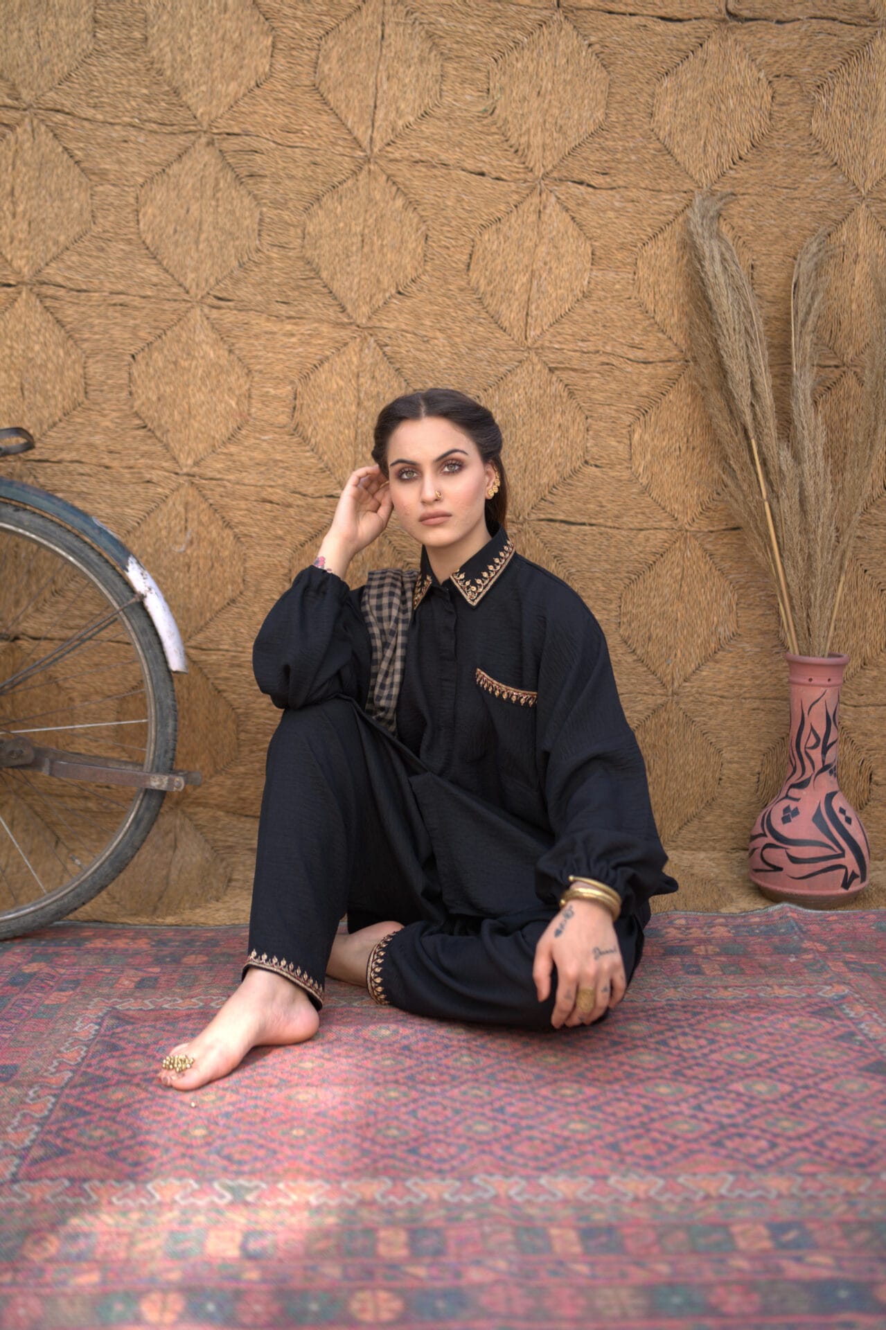Black Tilla Embroidered Kurta Salwar Check Stole