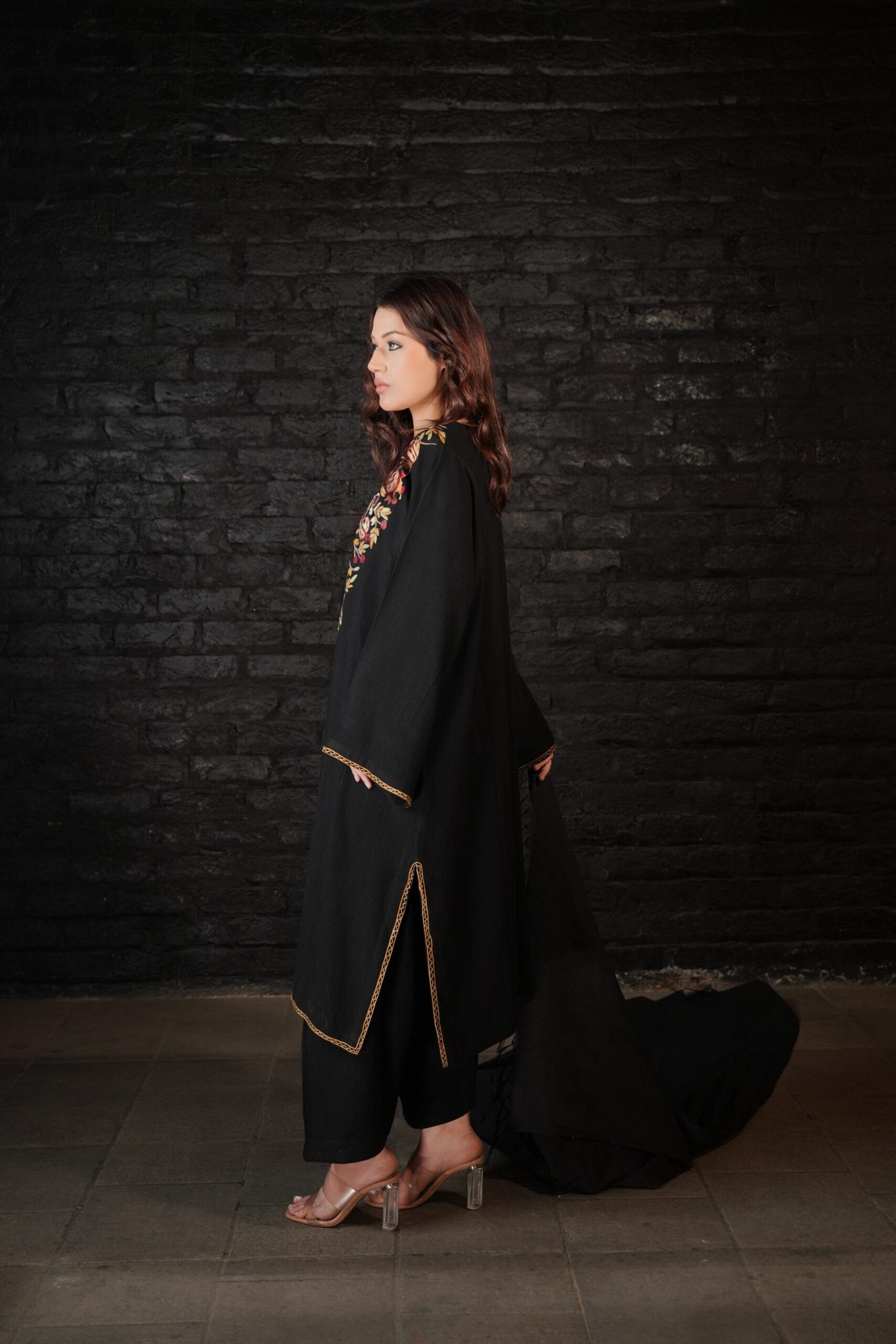 Black Ari Embroidered Pheran  Salwar  Dupatta
