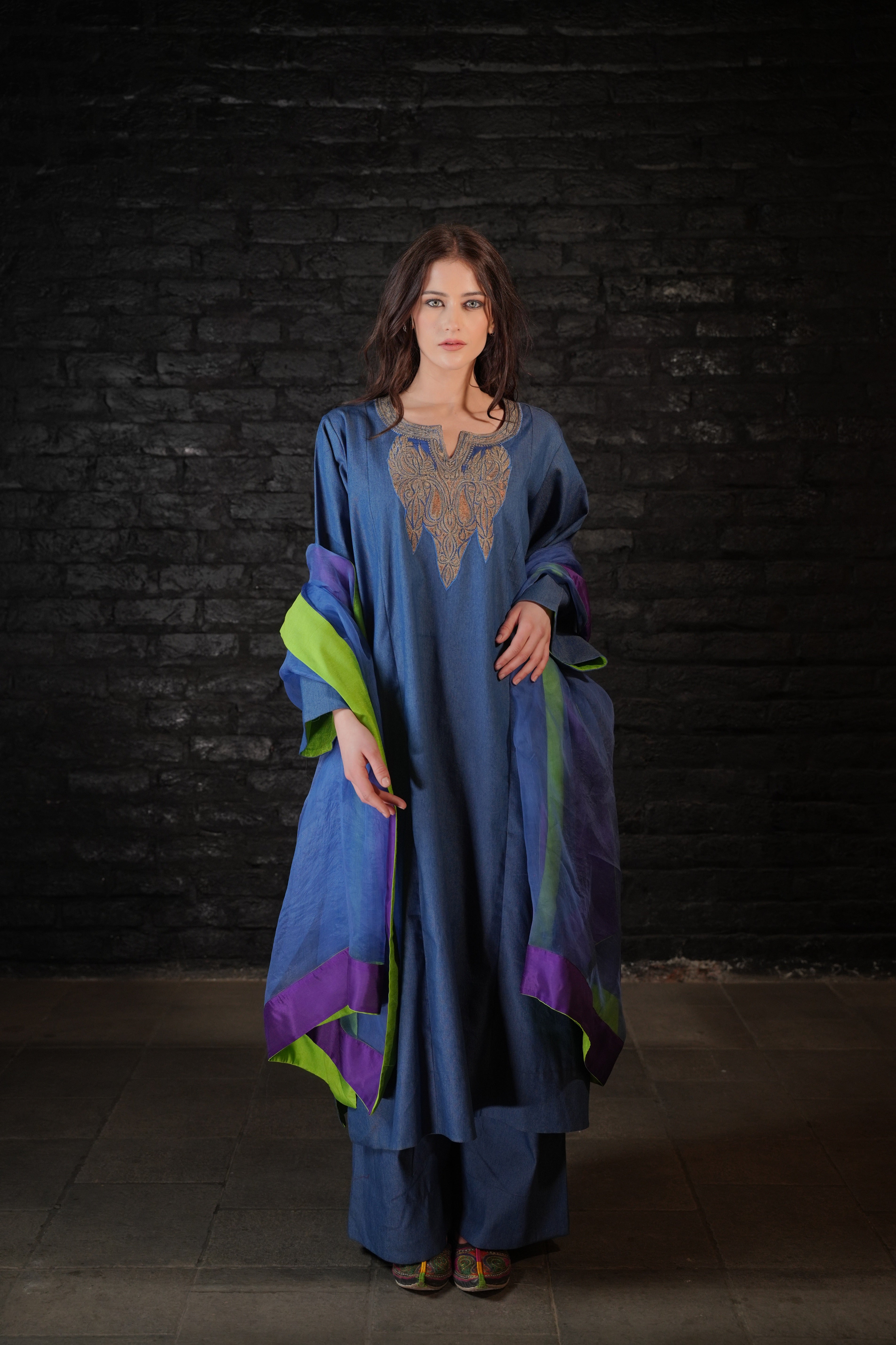 Denim Tilla Embroidered Pheran Pants Dupatta
