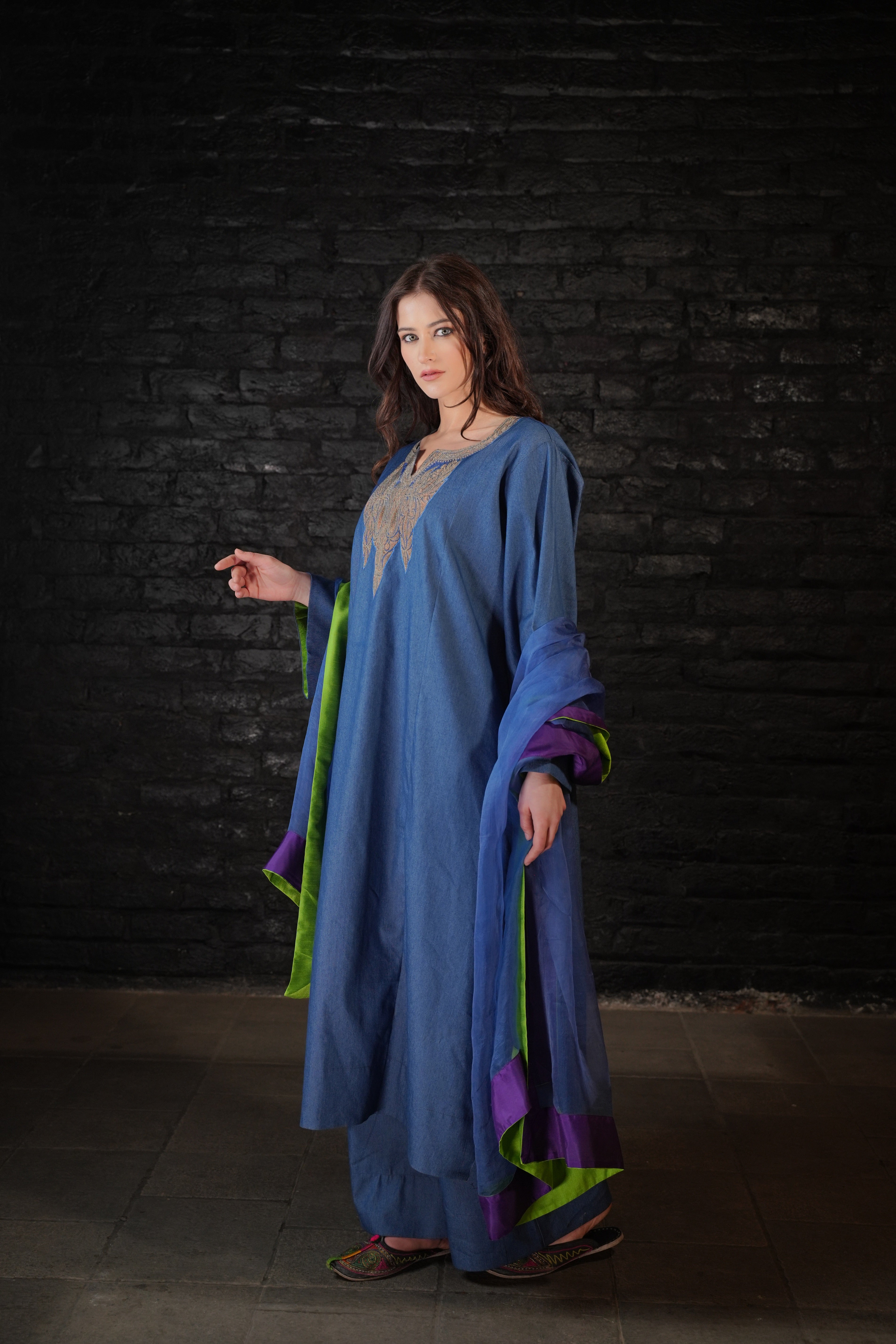 Denim Tilla Embroidered Pheran Pants Dupatta