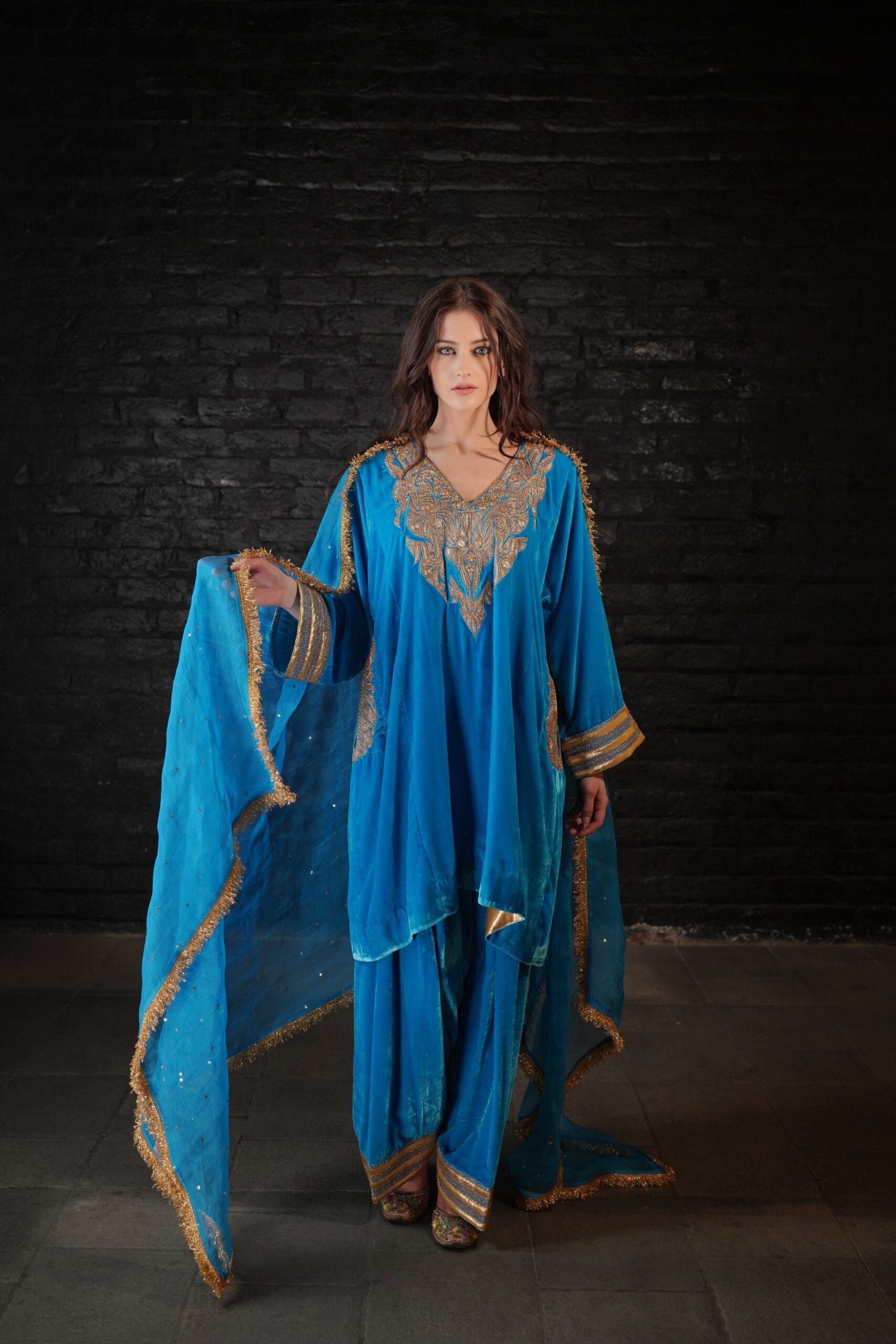 Aqua Blue Tilla Embroidered Round  Pheran Farshi Salwar Organza Dupatta