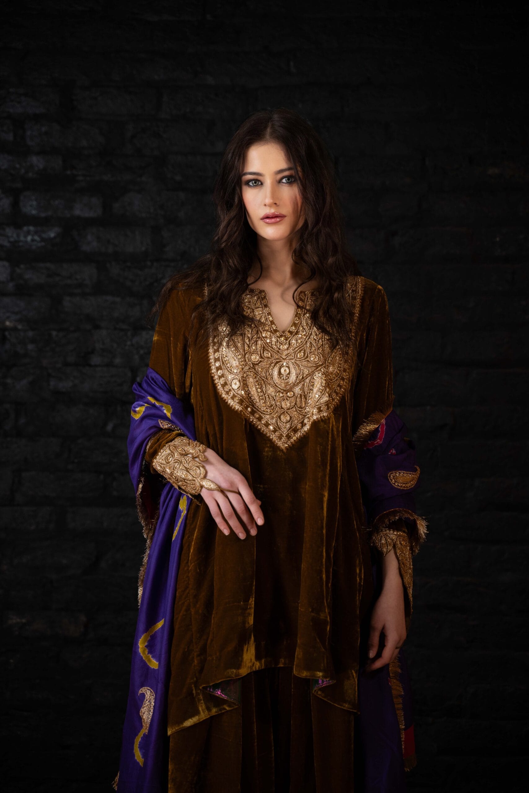 Mustard and Purple Tilla and Hand  Embroidered Round Pheran Farshi Salwar Silk Bandhani Dupatta