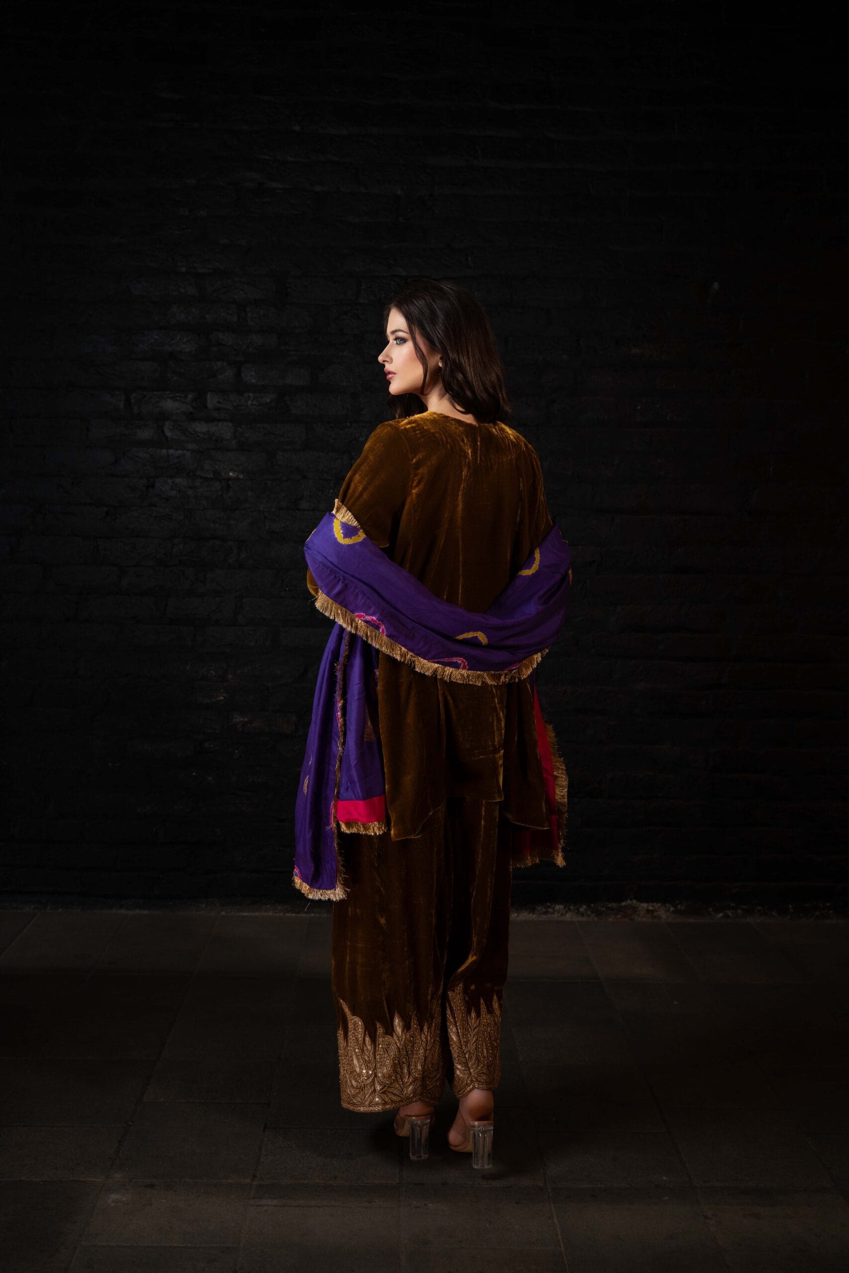 Mustard and Purple Tilla and Hand  Embroidered Round Pheran Farshi Salwar Silk Bandhani Dupatta