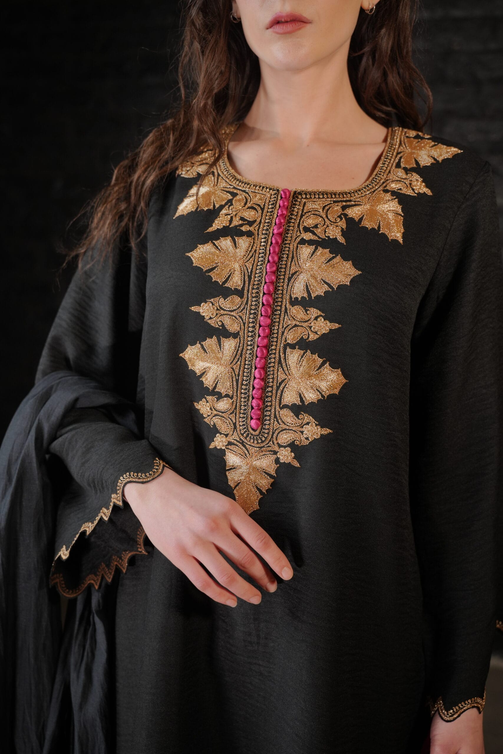 Black and Hotpink Tilla Embroidered Kurta Farshi Salwar Dupatta