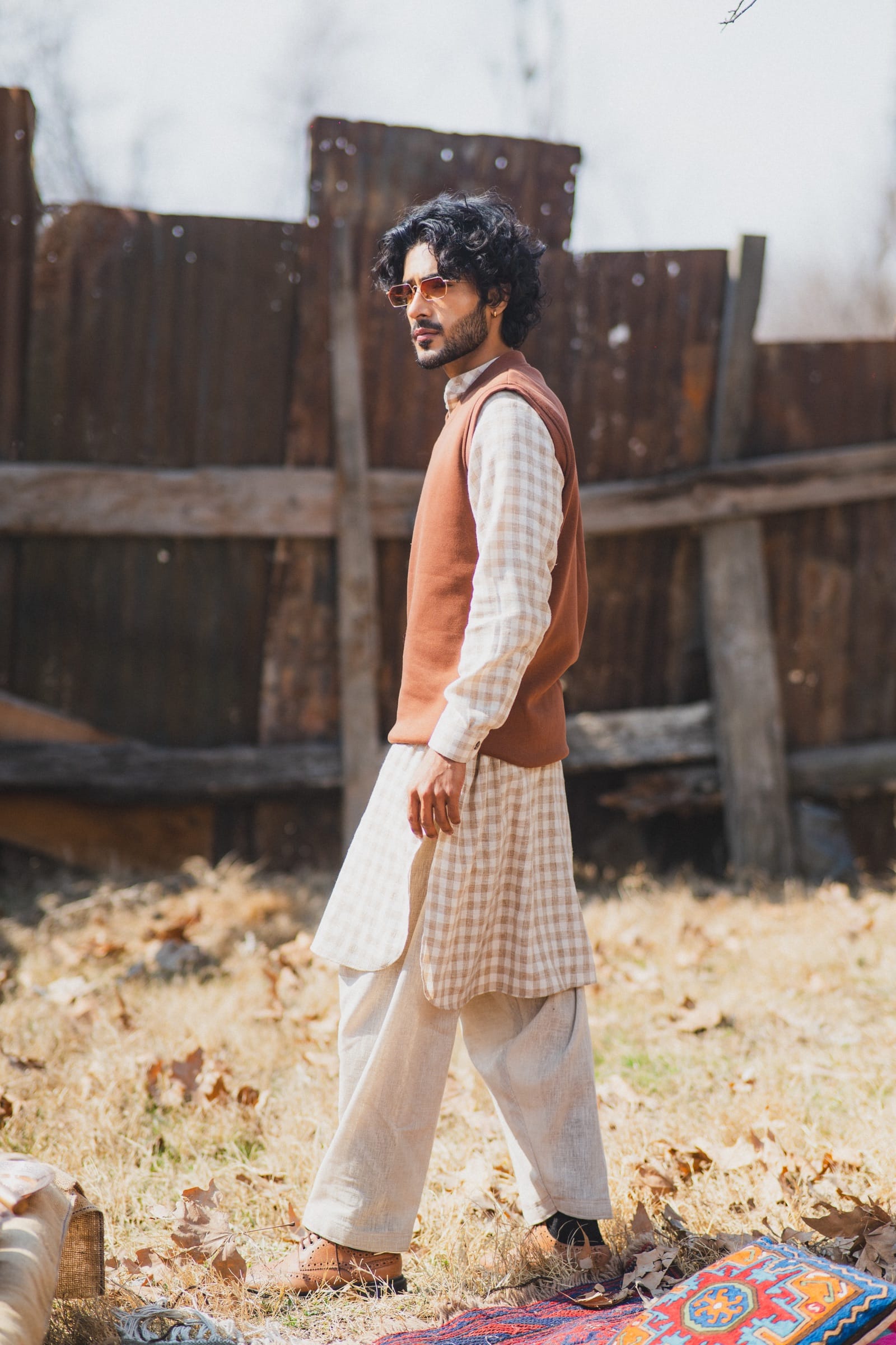 Off White Check Printed Kurta Salwar with Vest