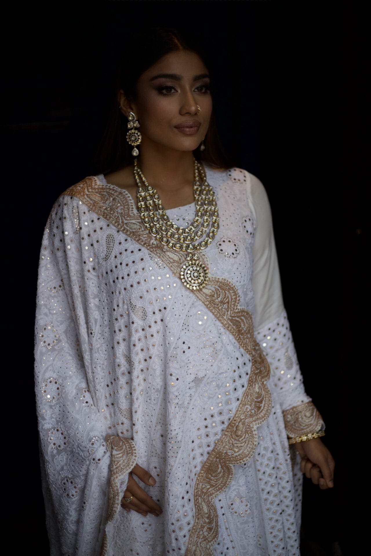 White Chikankari Mukaish Tilla Embroidered Blouse Lehanga Dupatta