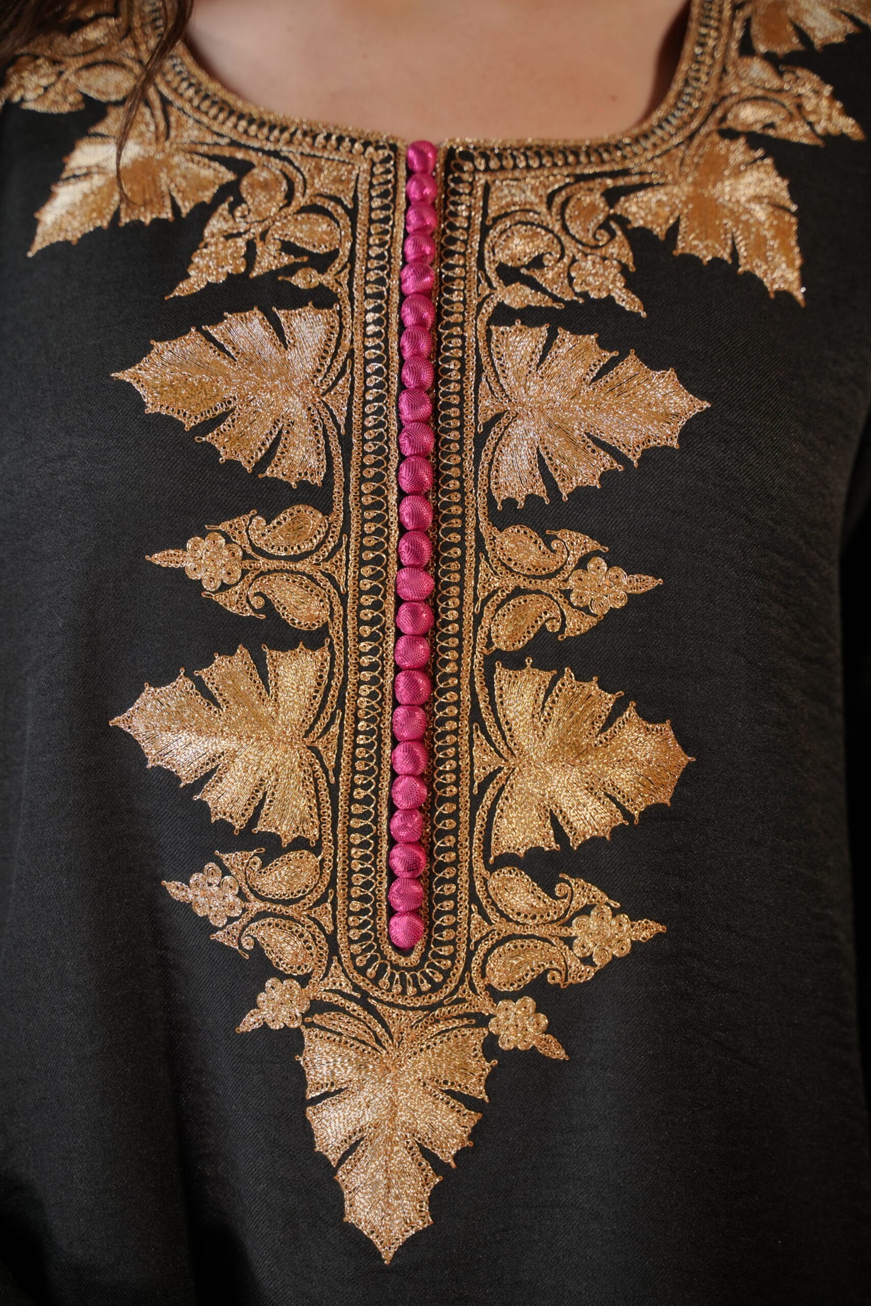 Black and Hotpink Tilla Embroidered Kurta Farshi Salwar Dupatta
