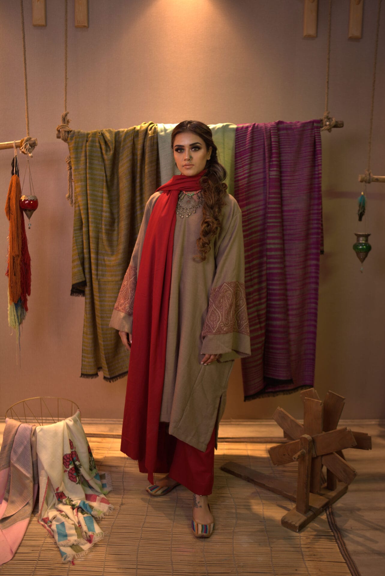 Beige  Sozni Embroidered Pheran Pants Wool Stole