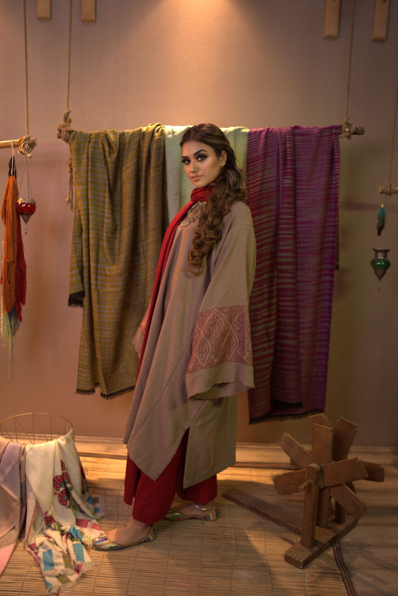 Beige  Sozni Embroidered Pheran Pants Wool Stole
